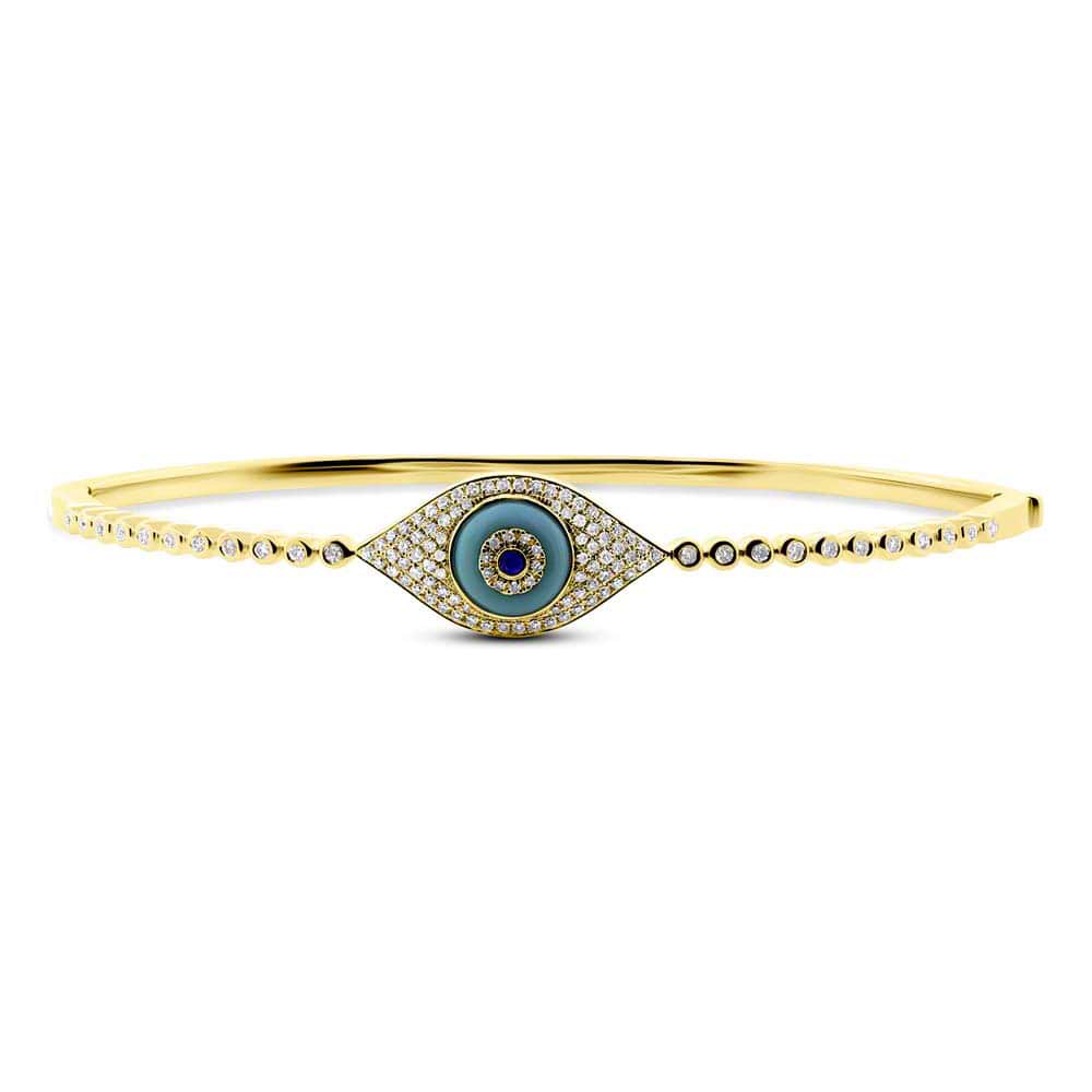 0.42ct Diamond & 0.60ct Blue Sapphire & Turquoise 14k Yellow Gold Eye Bangle Bracelet