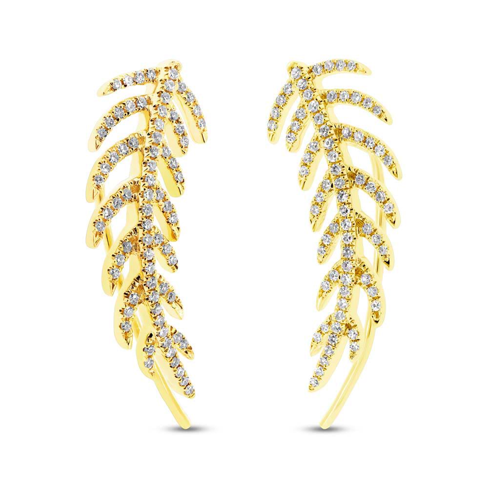 0.30ct 14k Yellow Gold Diamond Feather Ear Crawler Earrings