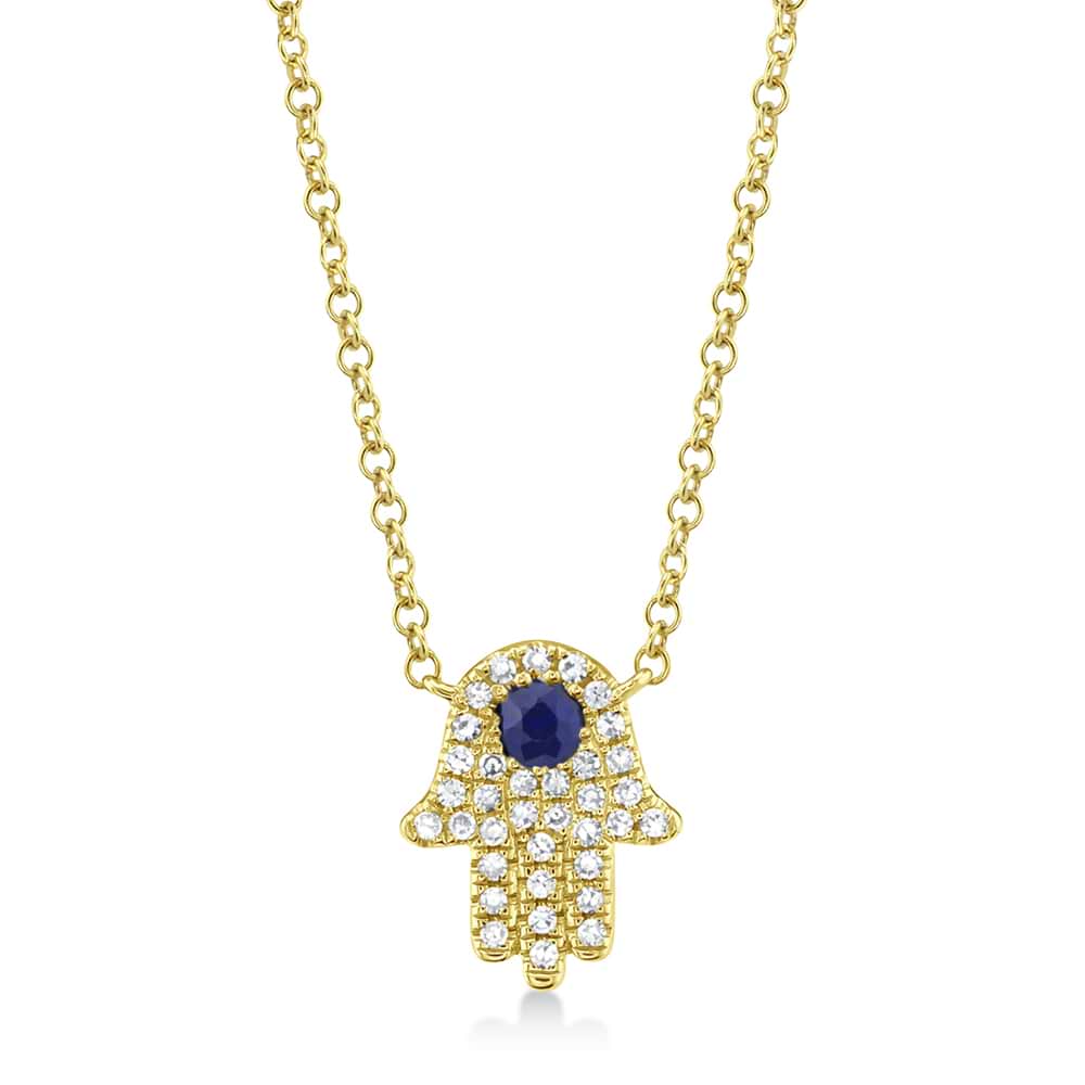Diamond & Blue Sapphire Hasma Pendant Necklace 14k Yellow Gold (0.17ct)