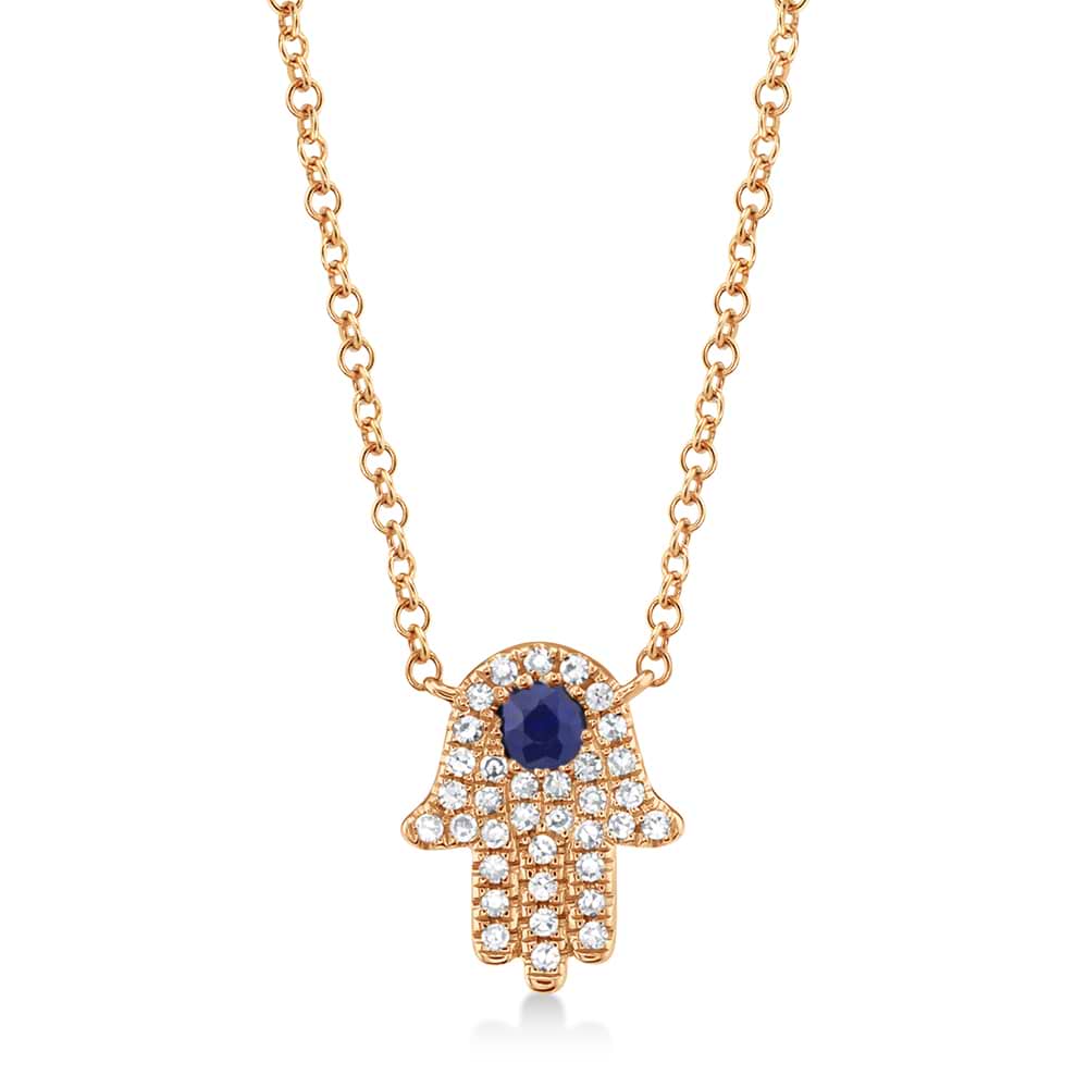 Diamond & Blue Sapphire Hasma Pendant Necklace 14k Rose Gold (0.17ct)