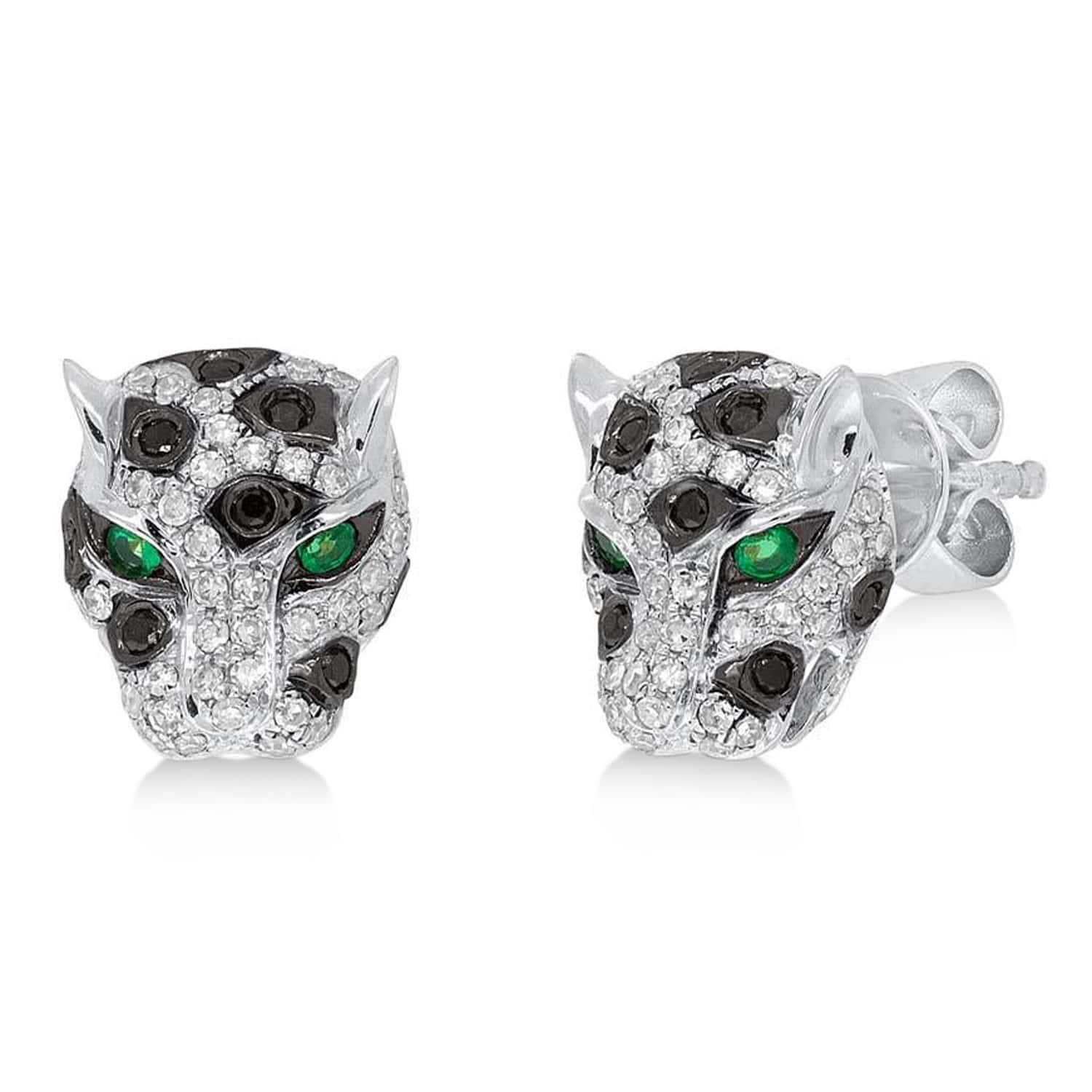 Diamond & Emerald Panther Earrings 14K White Gold (0.37ct)