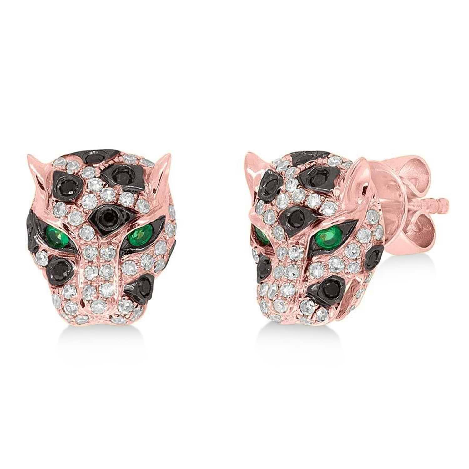 Diamond & Emerald Panther Earrings 14K Rose Gold (0.37ct)