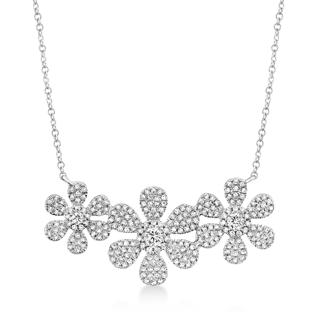 Diamond Triple Flower Halo Pendant Necklace 14k White Gold (0.62ct)