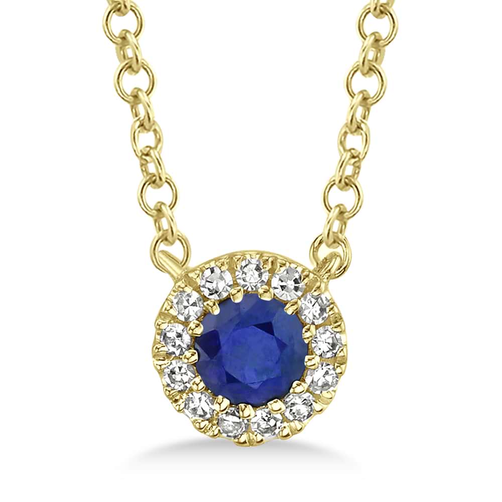 Diamond & Blue Sapphire Halo Pendant Necklace 14k Yellow Gold (0.18ct)