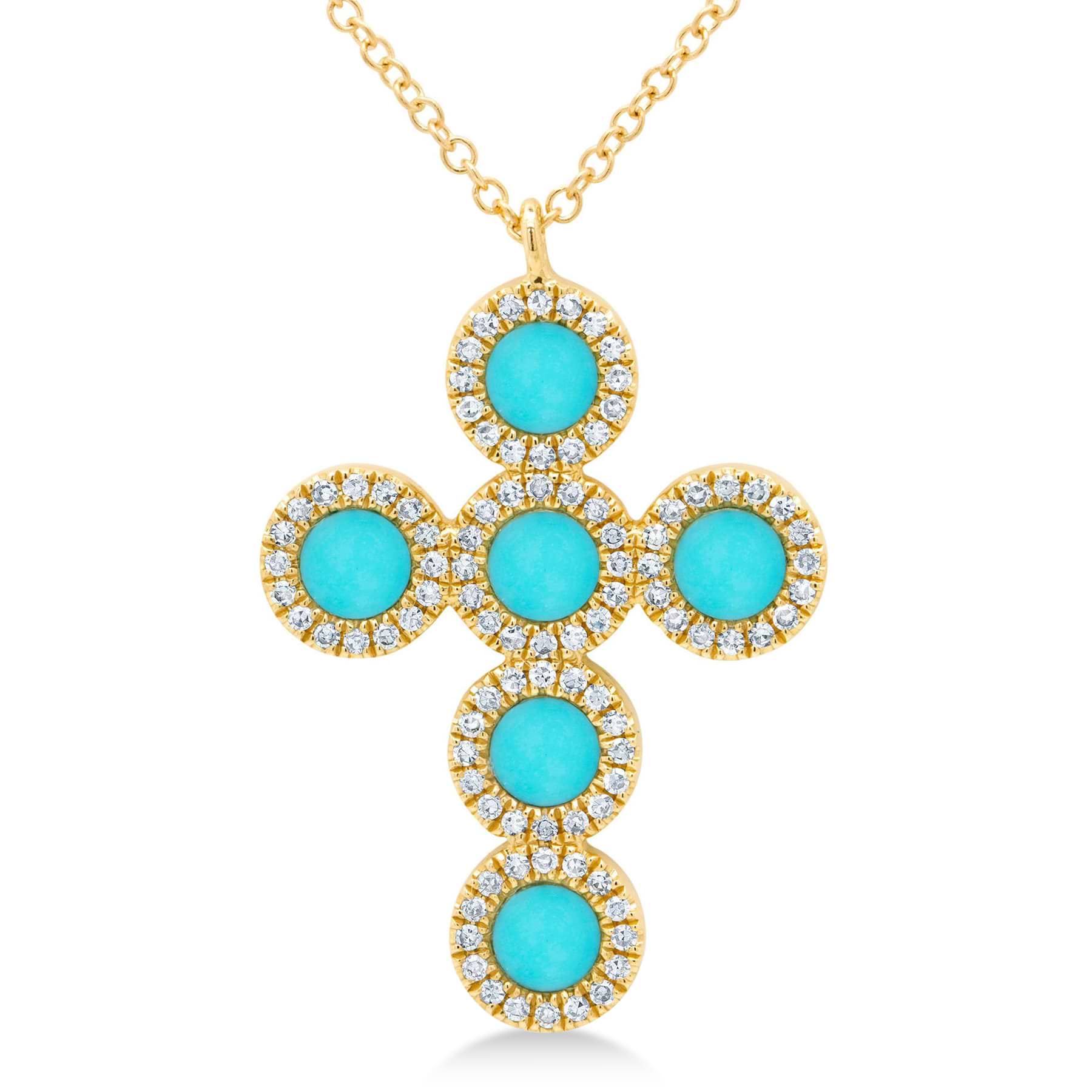 Diamond & Turquoise Cross Pendant Necklace 14K Yellow Gold (0.90ct)