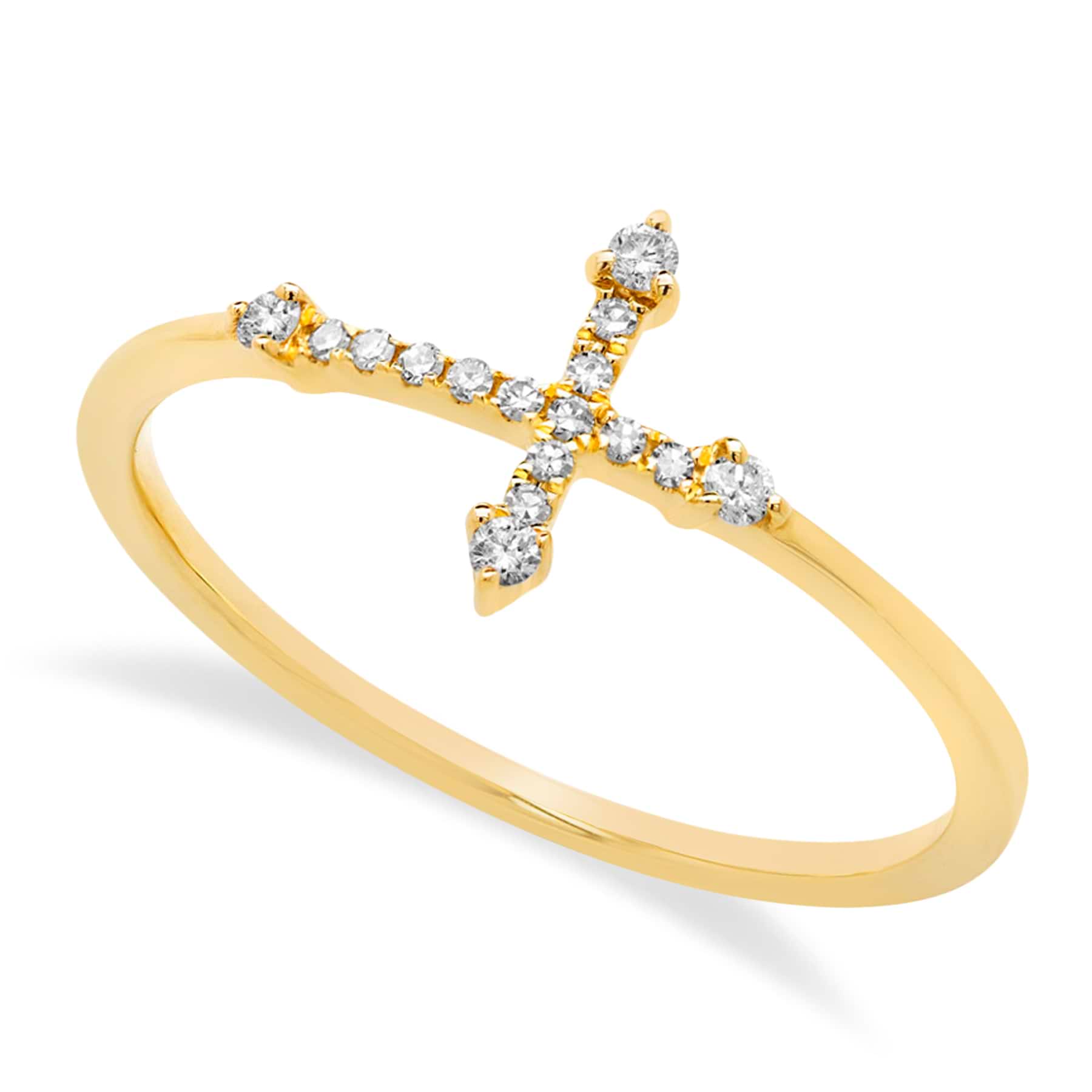 Diamond Accented Horizontal Cross Ring 14k Yellow Gold (0.09ct)