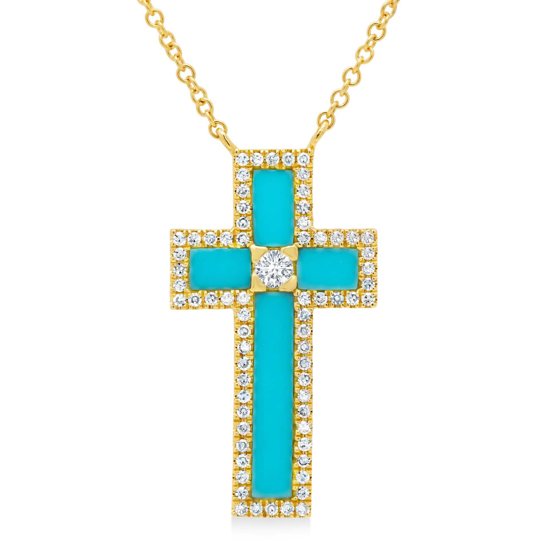 Diamond & Turquoise Cross Pendant Necklace 14K Yellow Gold (1.19ct)