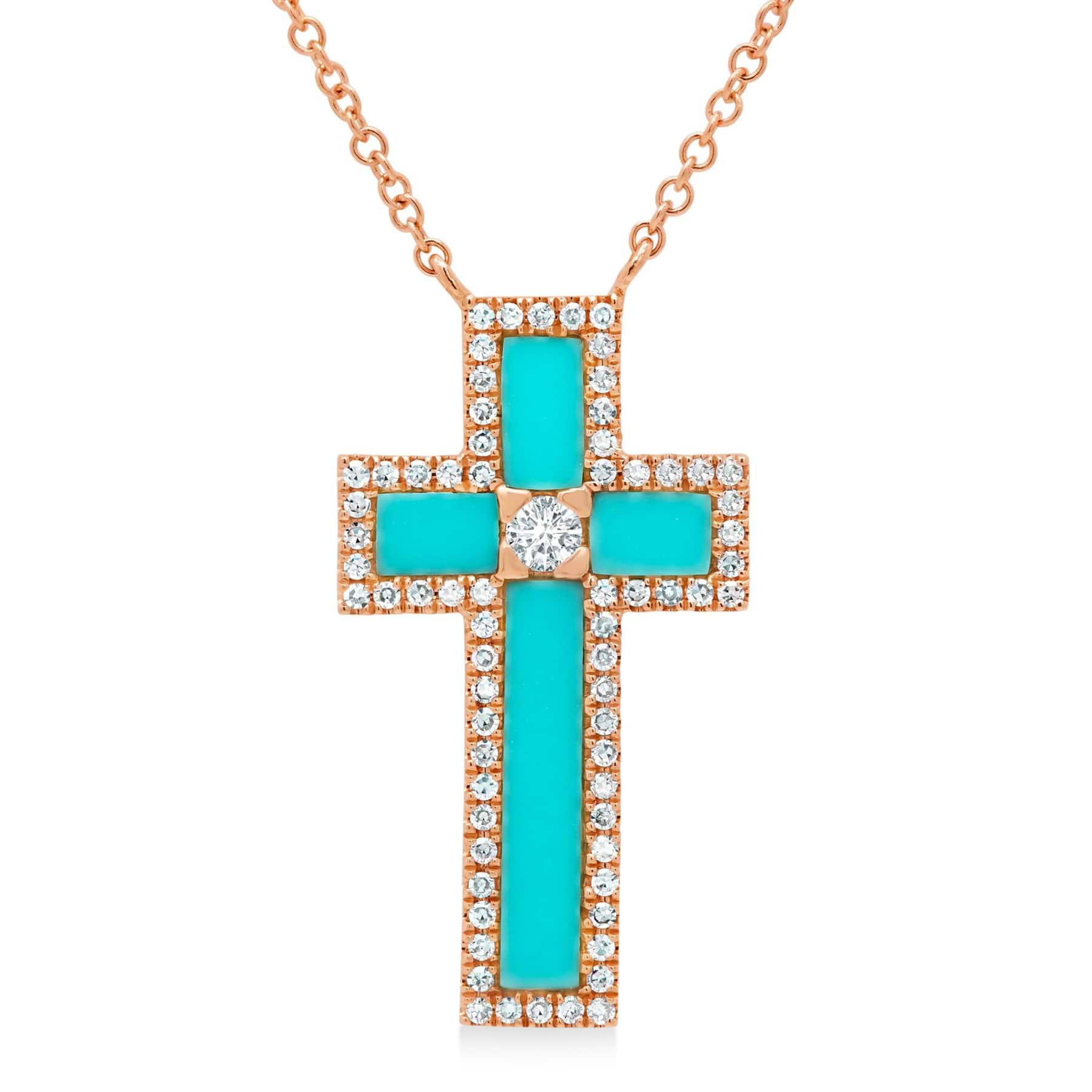 Diamond & Turquoise Cross Pendant Necklace 14K Rose Gold (1.19ct)