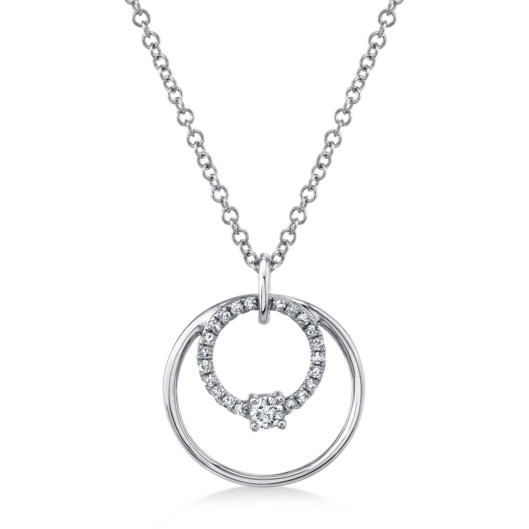 Diamond Accented Double Circle Pendant Necklace 14k White Gold (0.11ct)