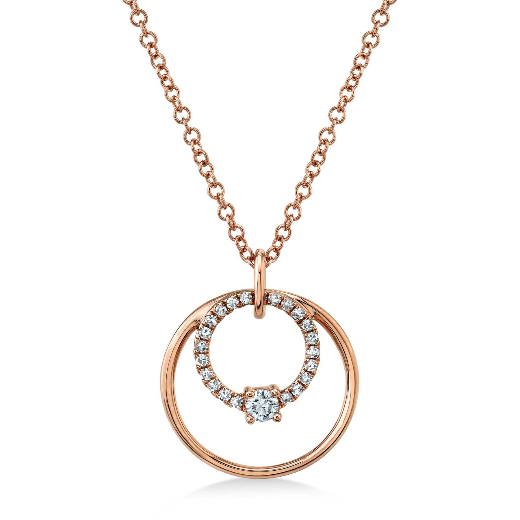 Diamond Accented Double Circle Pendant Necklace 14k Rose Gold (0.11ct)