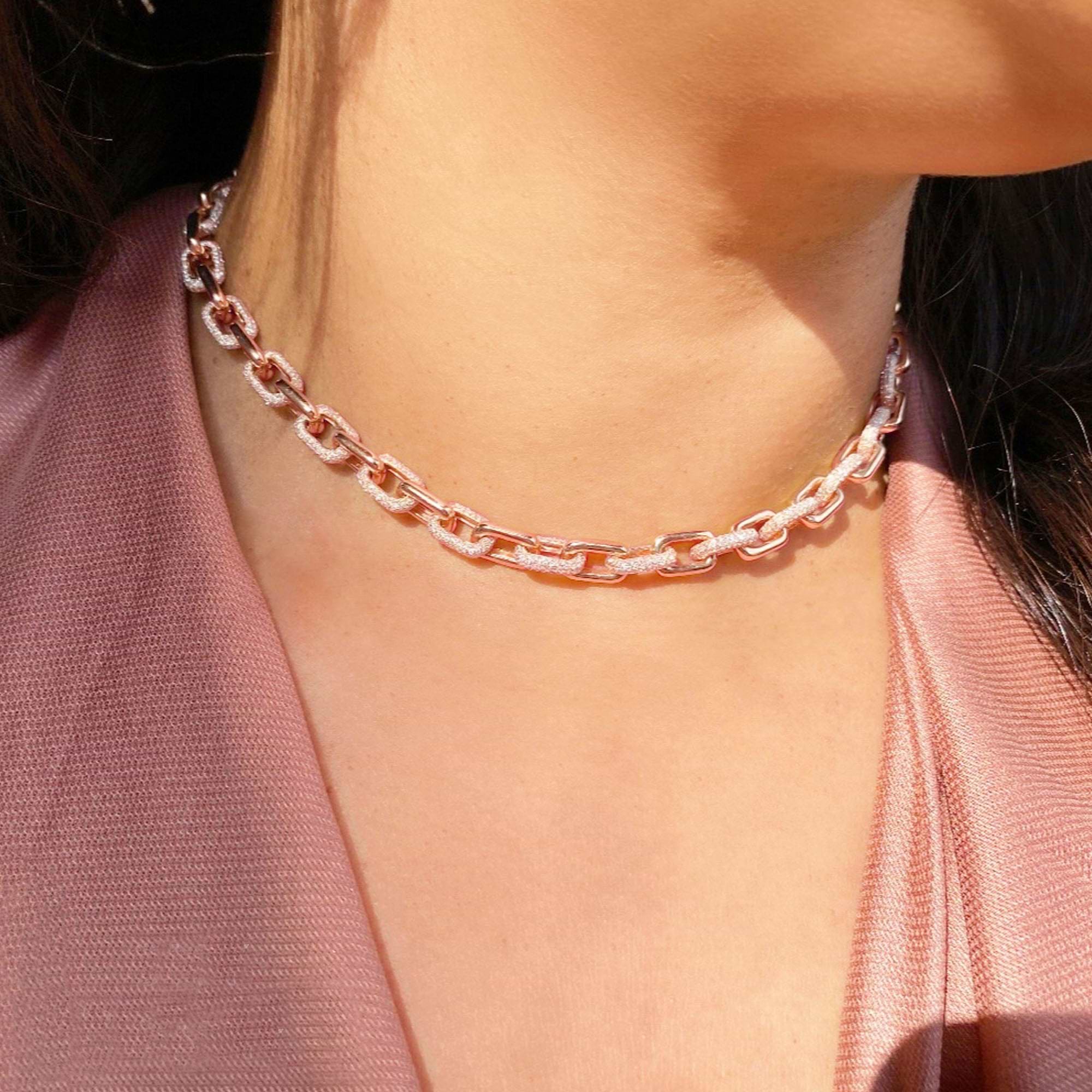 Diamond Pave Link Chain Necklace 14k Rose Gold (7.86ct)