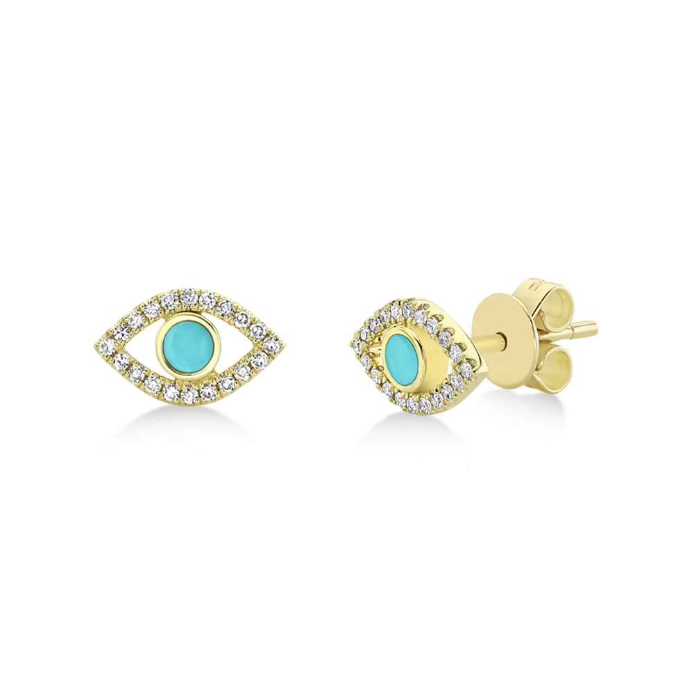 Turquoise & Diamond Evil Eye Stud Earrings 14k Yellow Gold (0.26ct)