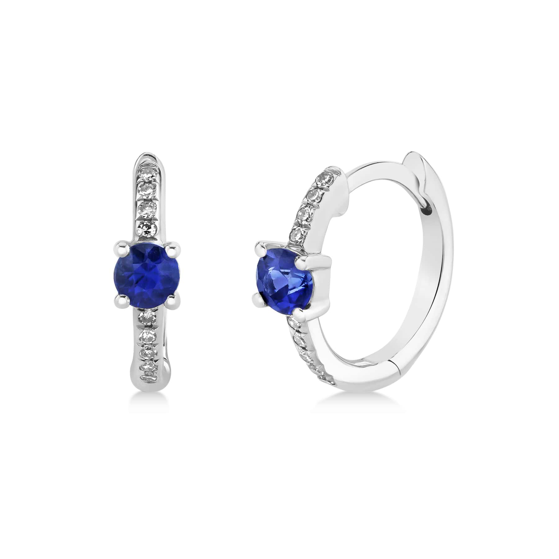 Blue Sapphire & Diamond Huggie Hoop Earrings 14k White Gold (0.39ct)