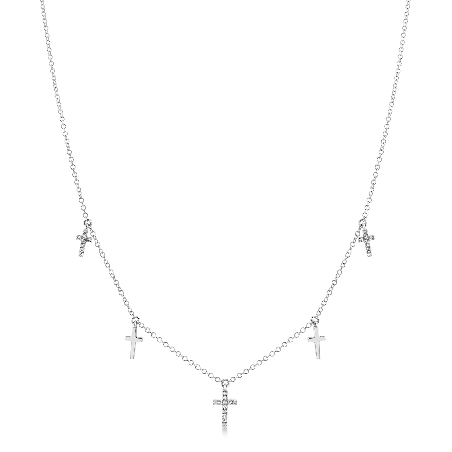 Diamond  Cross Dangle Station Necklace 14k White Gold (0.09ct)