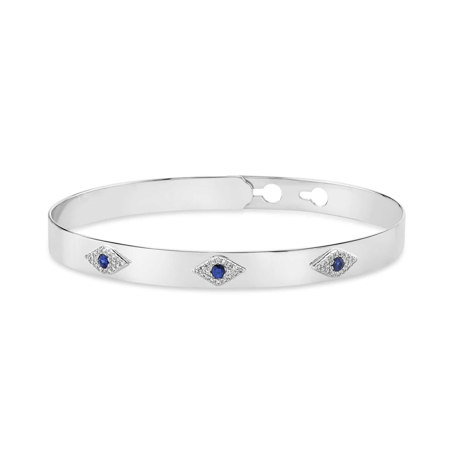 Diamond & Blue Sapphire Eye Latch Lock Bangle Bracelet 14k White Gold (0.28ct)