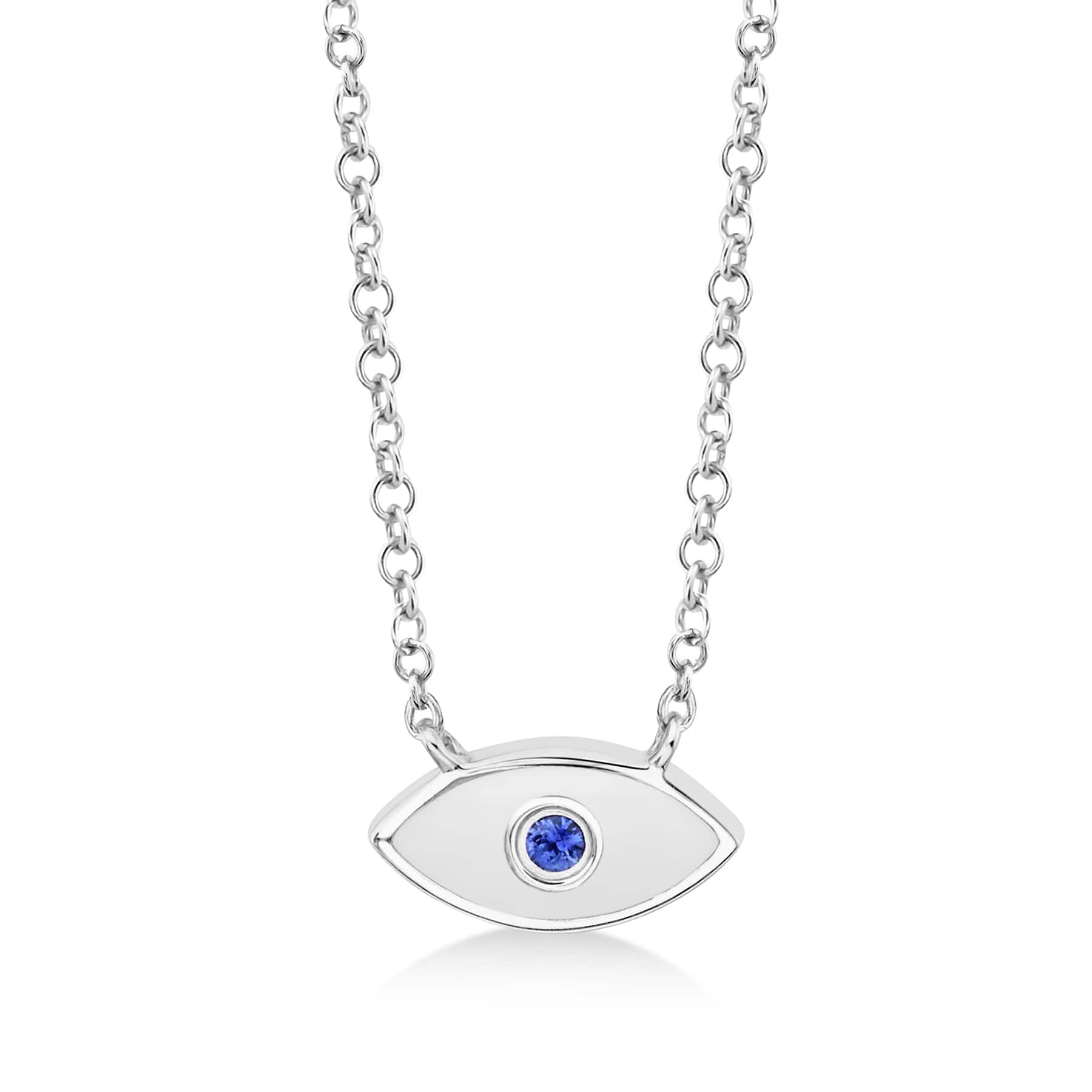 Blue Sapphire & White Enamel Evil Eye Pendant Necklace 14k White Gold (0.03ct)