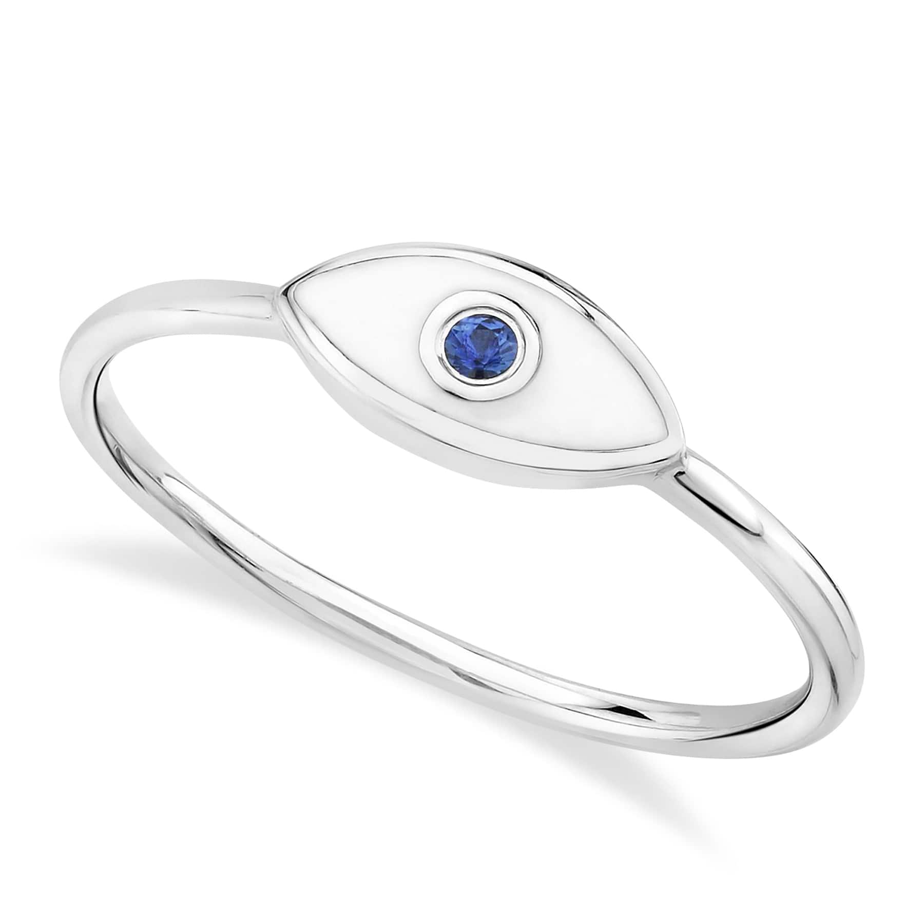 Blue Sapphire & White Enamel Evil Eye Ring 14k White Gold (0.03ct)