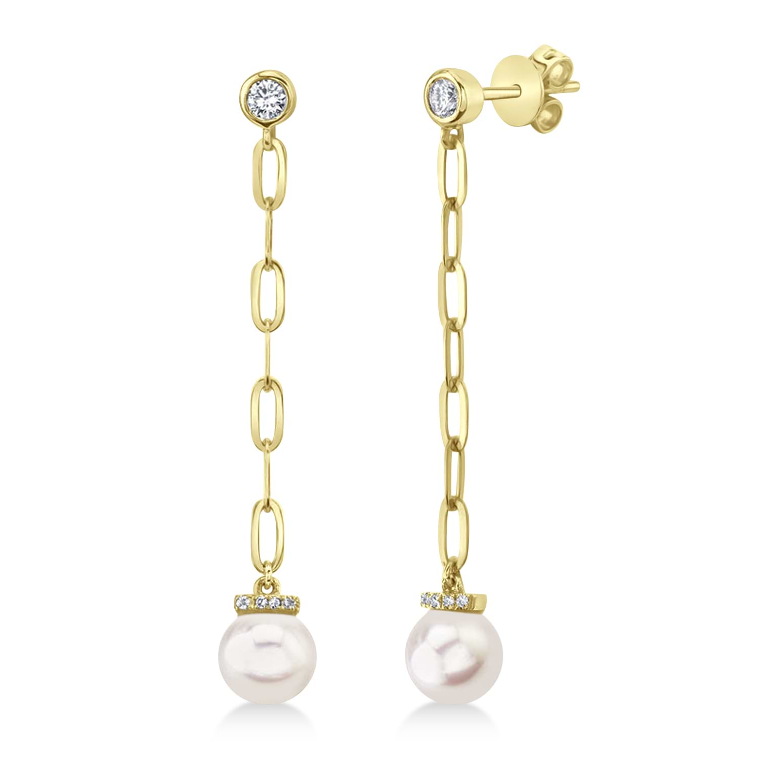 Diamond & Cultured Pearl Paper Clip Link Earrings 14k Yellow Gold (0.20ct)