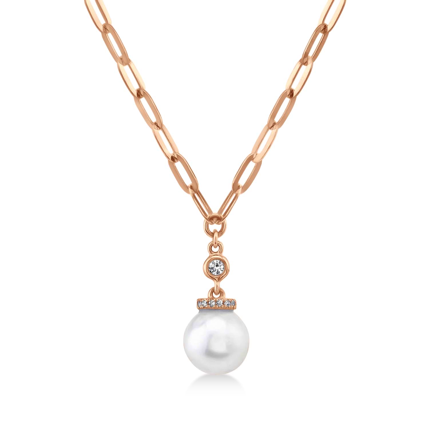 Diamond & Cultured Pearl Paper Clip Link Necklace 14k Rose Gold (0.05ct)