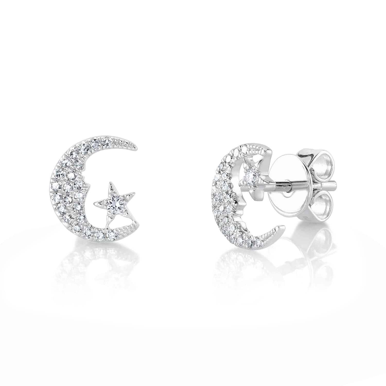Diamond Crescent Moon & Star Stud Earrings 14K White Gold (0.13ct)