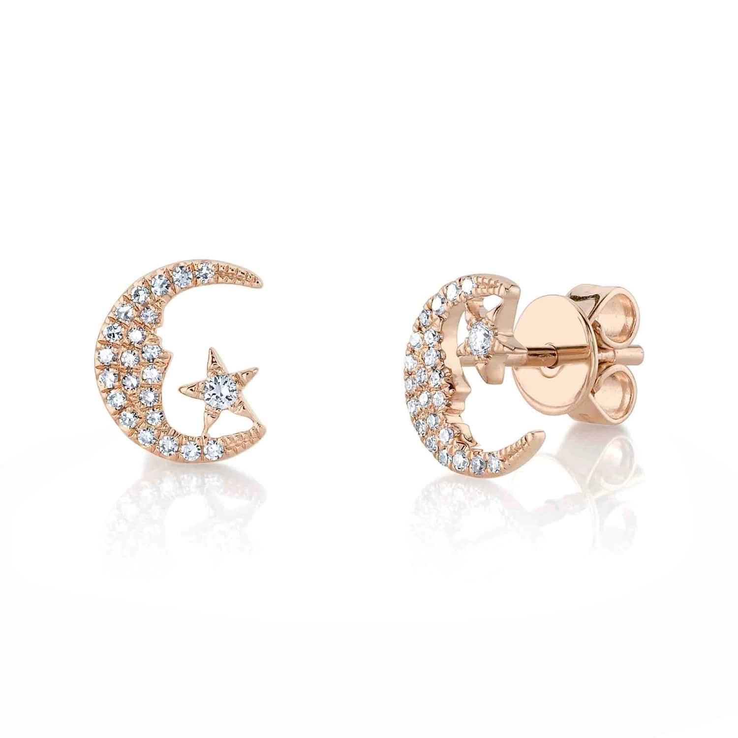 Diamond Crescent Moon & Star Stud Earrings 14K Rose Gold (0.13ct)
