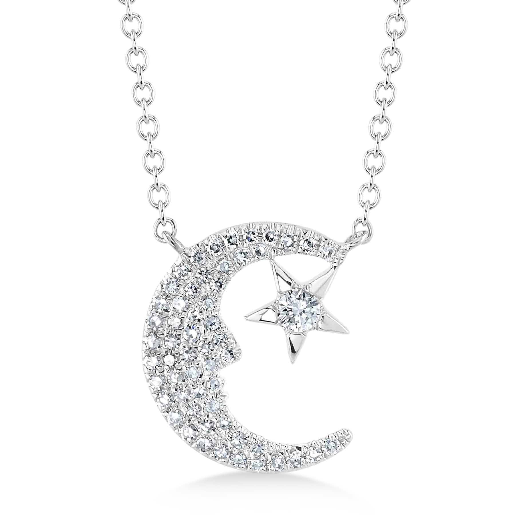 Diamond Crescent Moon & Star Pendant Necklace 14K White Gold (0.16ct)