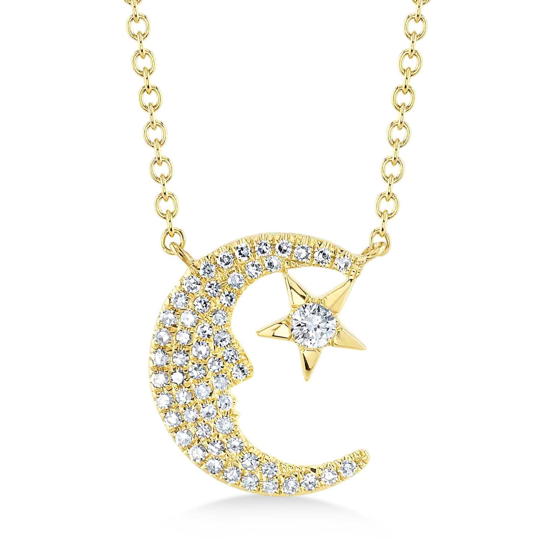 Diamond Crescent Moon & Star Pendant Necklace 14K Yellow Gold (0.16ct)
