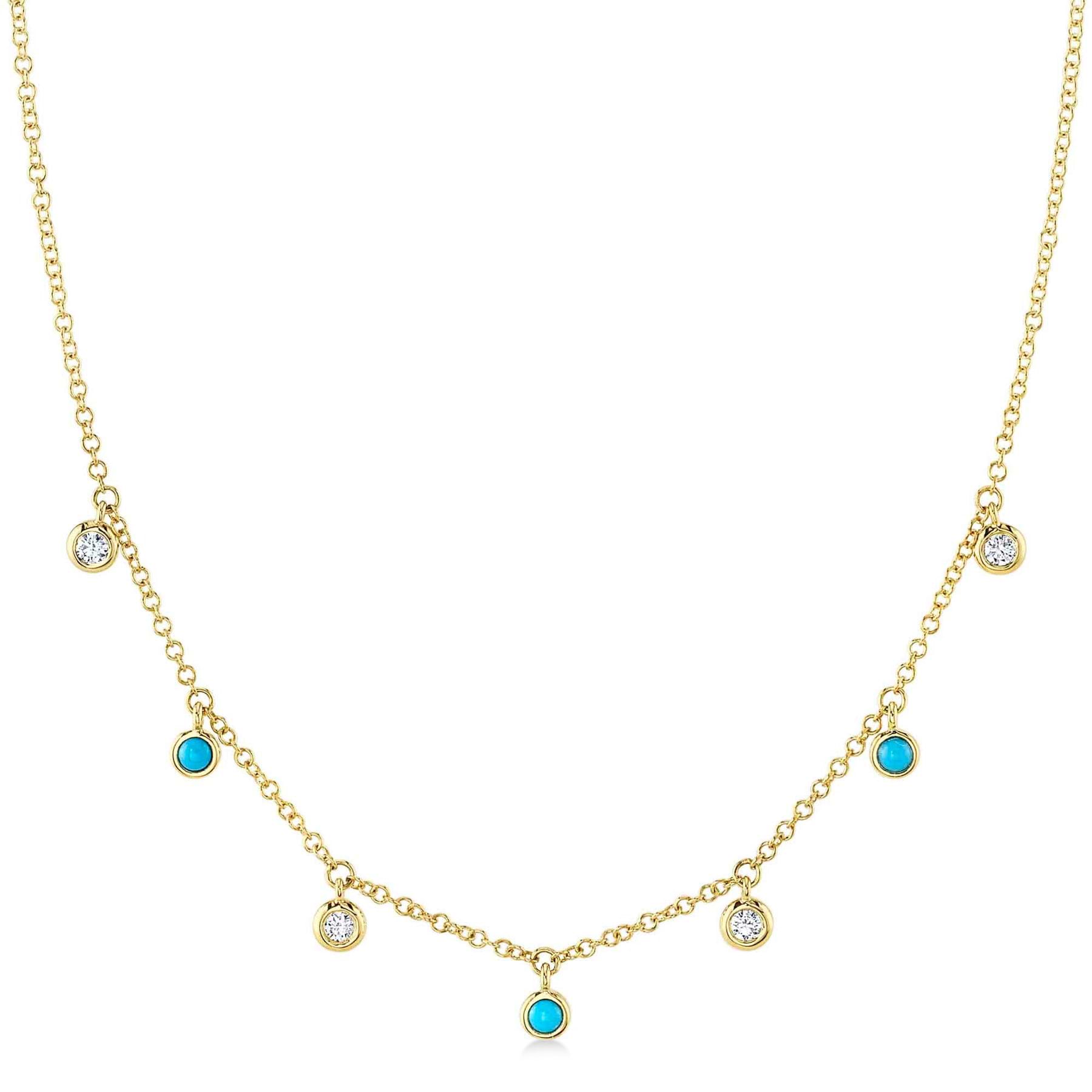 Diamond & Turquoise Station Necklace 14K Yellow Gold (0.22ct)