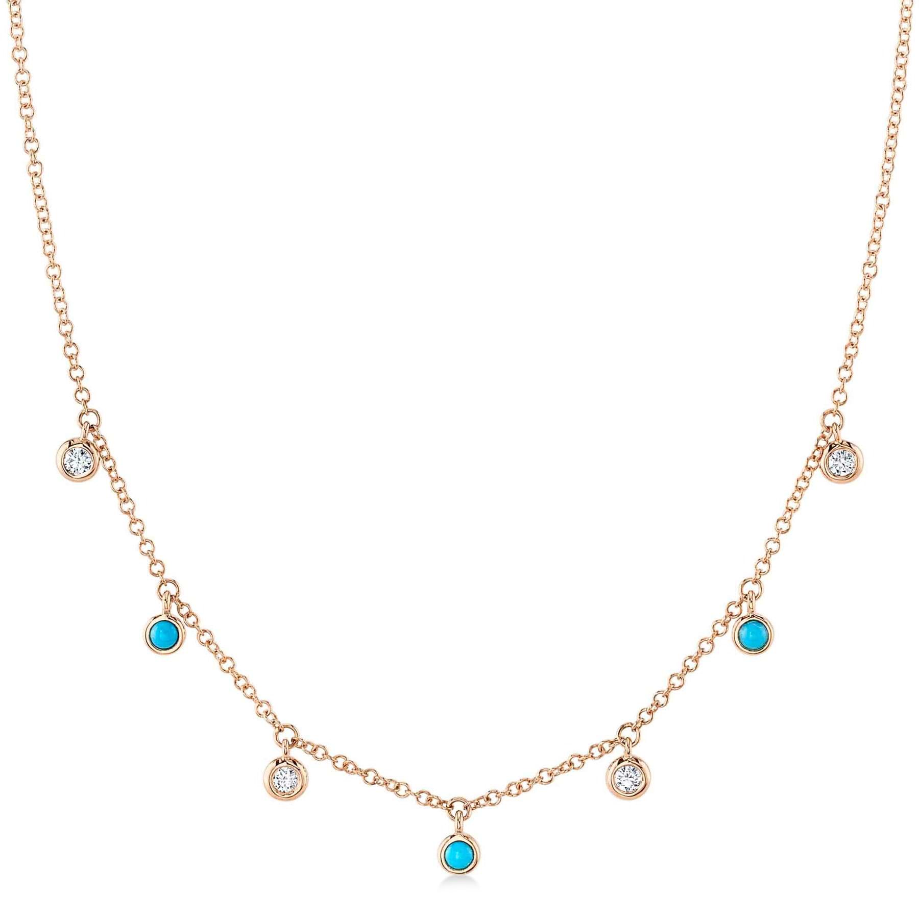 Diamond & Turquoise Station Necklace 14K Rose Gold (0.22ct)