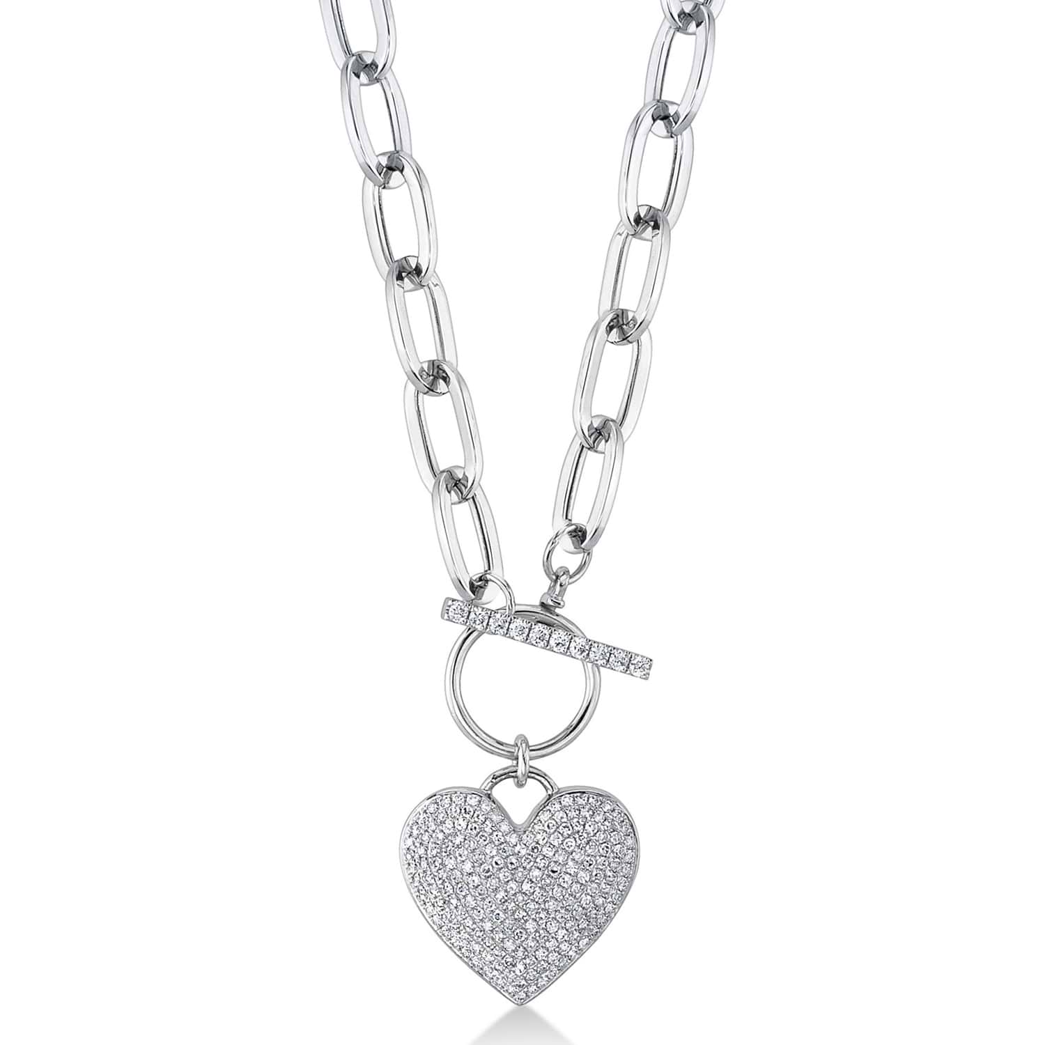 Diamond Pave Heart Paper Clip Link Pendant Necklace 14K White Gold (0.50ct)
