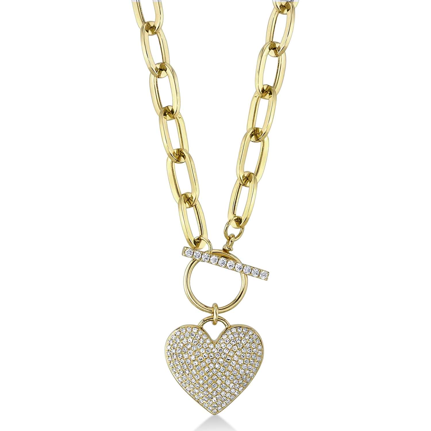 Diamond Pave Heart Paper Clip Link Pendant Necklace 14K Yellow Gold (0.50ct)