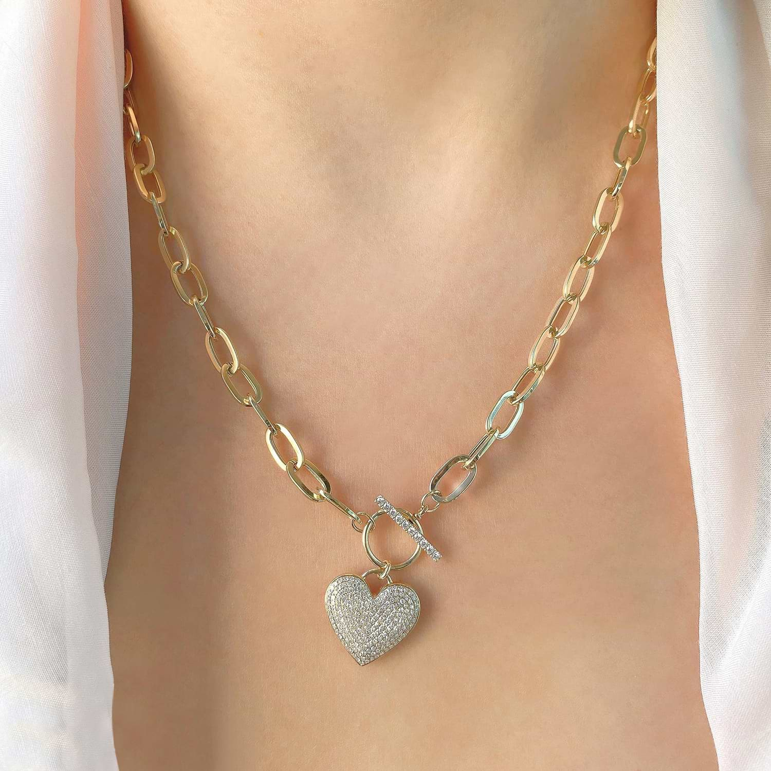 14kt Real Gold Heart Charm Necklace with Paper Clip Chain