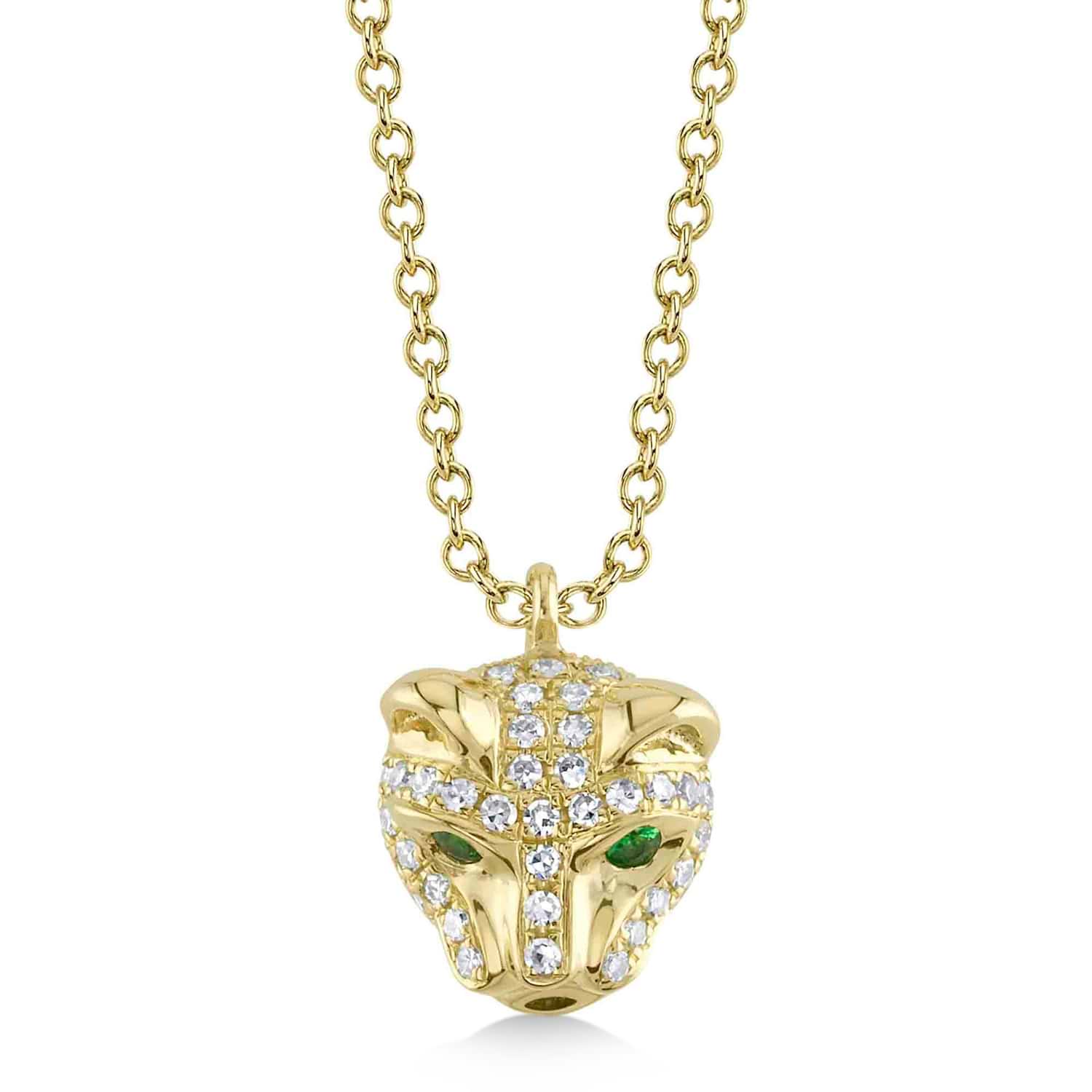 Diamond w/Emerald Panther Pendant Necklace 14K Yellow Gold (0.14ct)