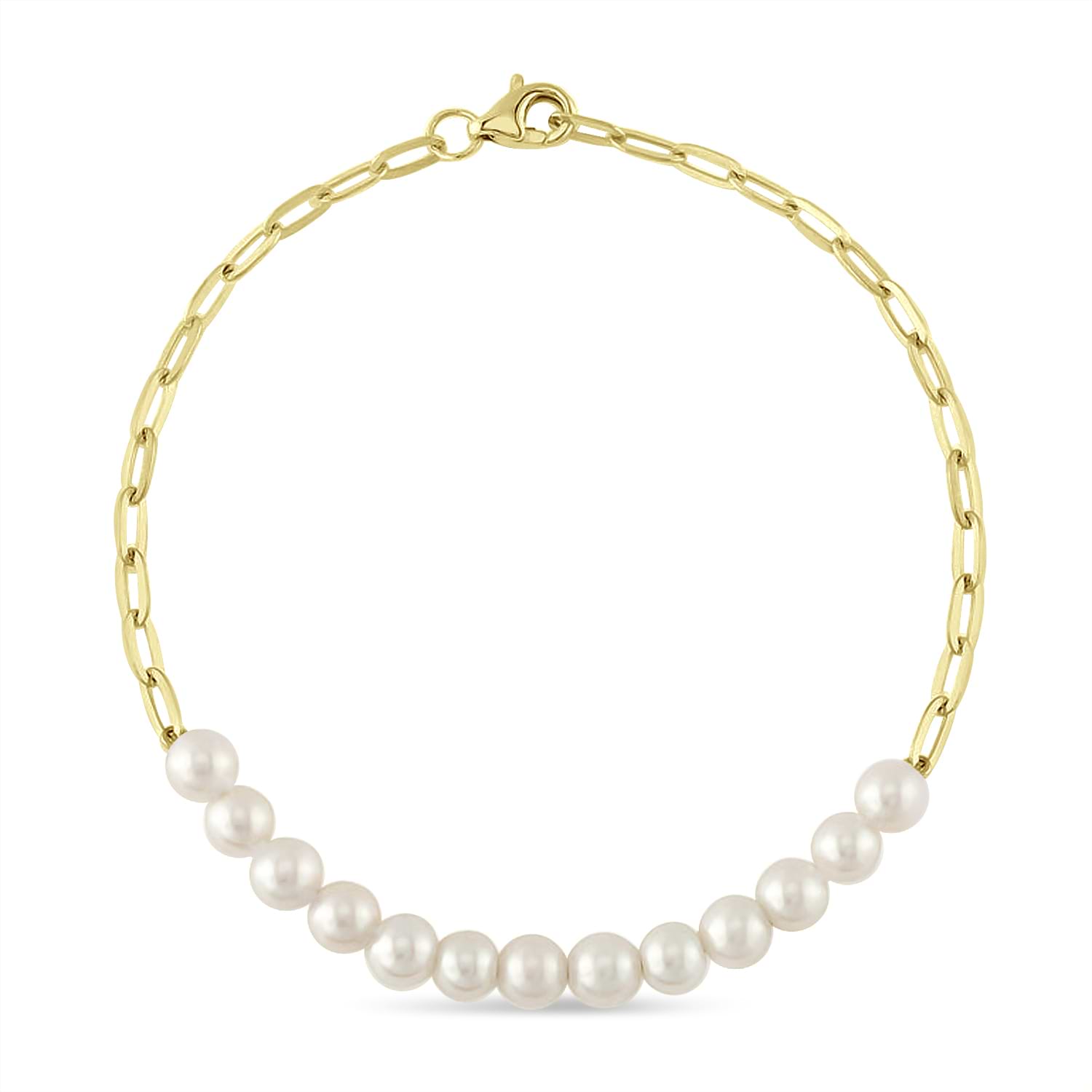 Cultured Pearl Paper Clip Link Bracelet 14k Yellow Gold (4.0-5.0mm)