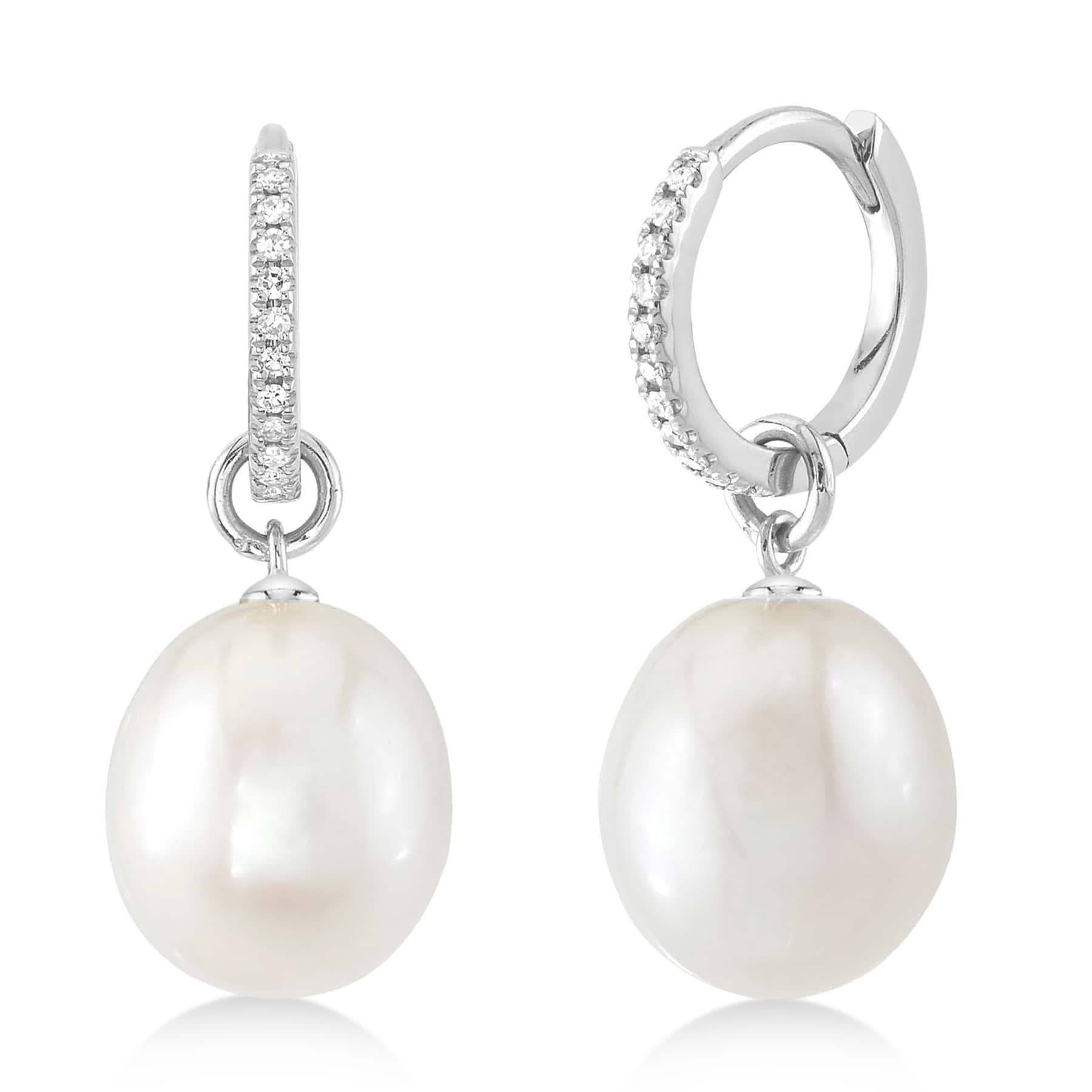 Diamond & Cultured Pearl Huggie Drop Earrings 14K White Gold (0.06ct)