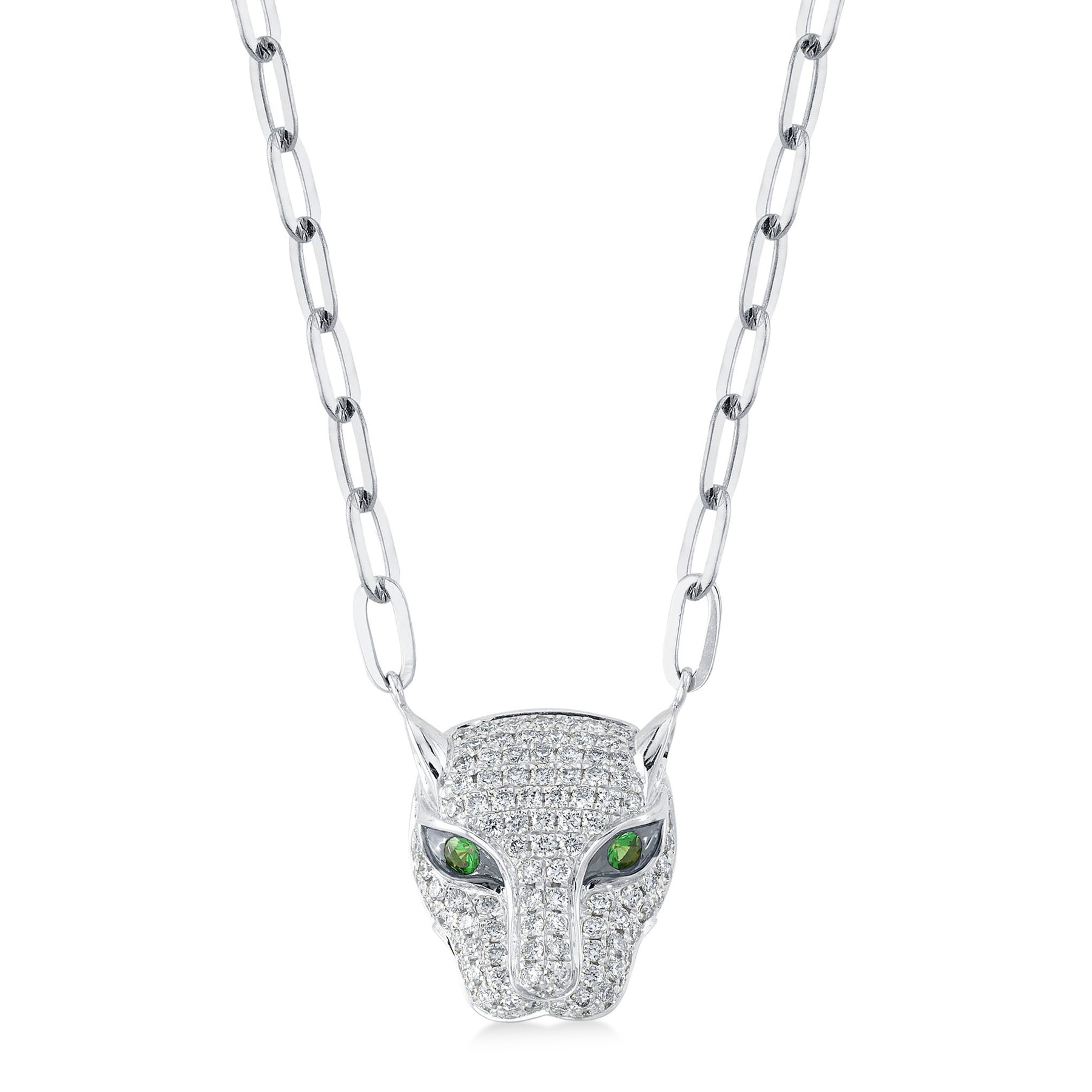 Diamond & Green Garnet Panther Paper Clip Pendant Necklace 14K White Gold (0.56ct)