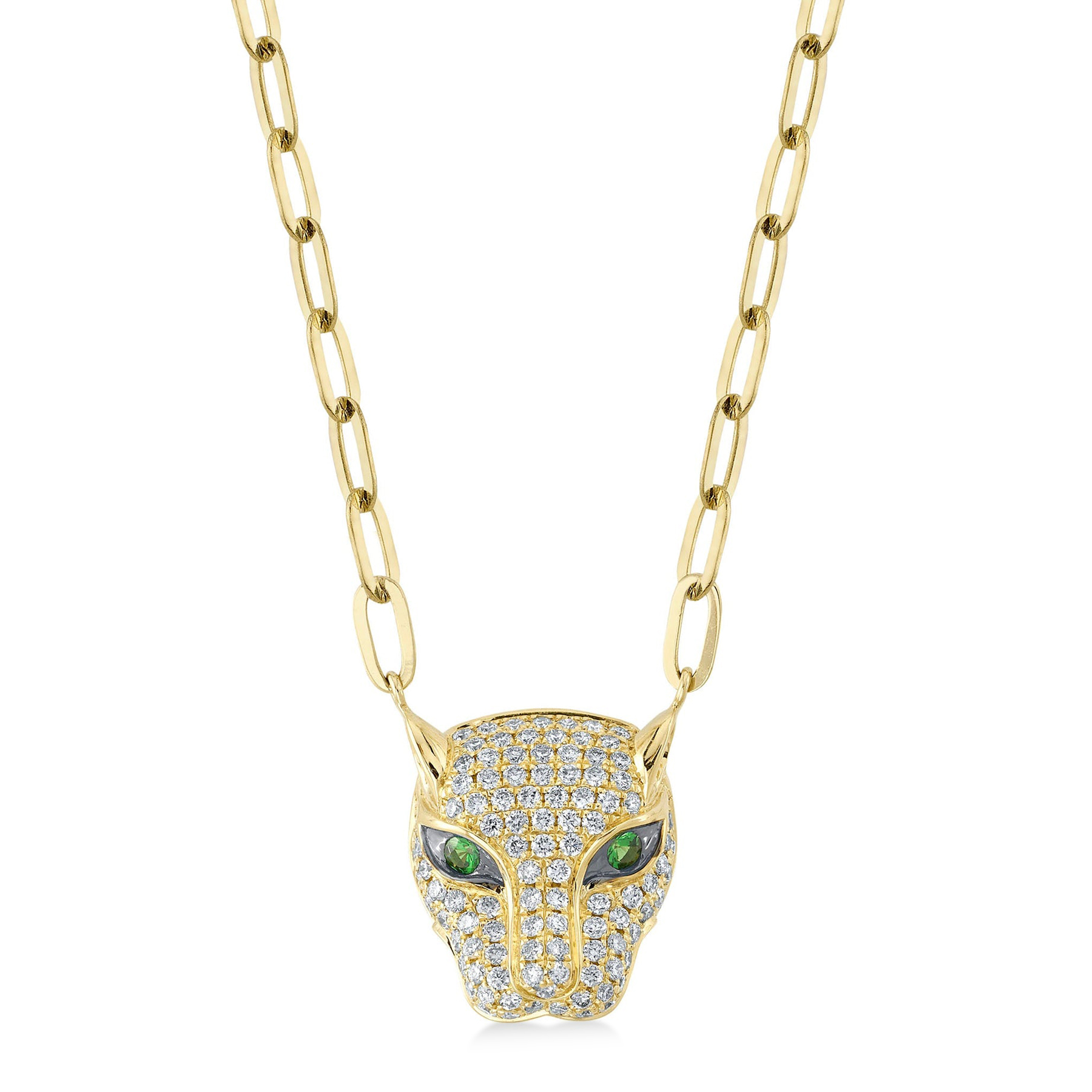 Diamond & Green Garnet Panther Paper Clip Pendant Necklace 14K Yellow Gold (0.56ct)