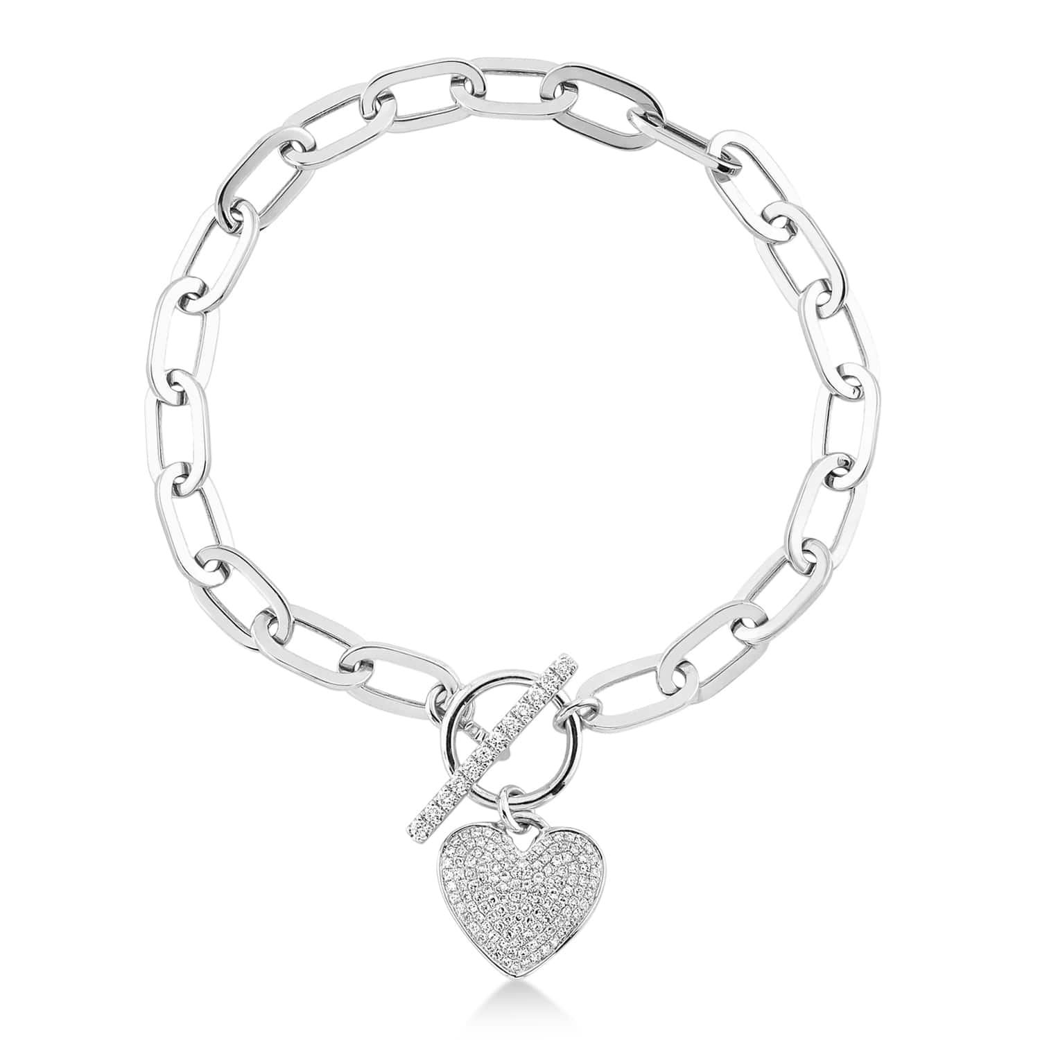Diamond Pave Heart Paper Clip Link Bracelet 14K White Gold (0.41ct)
