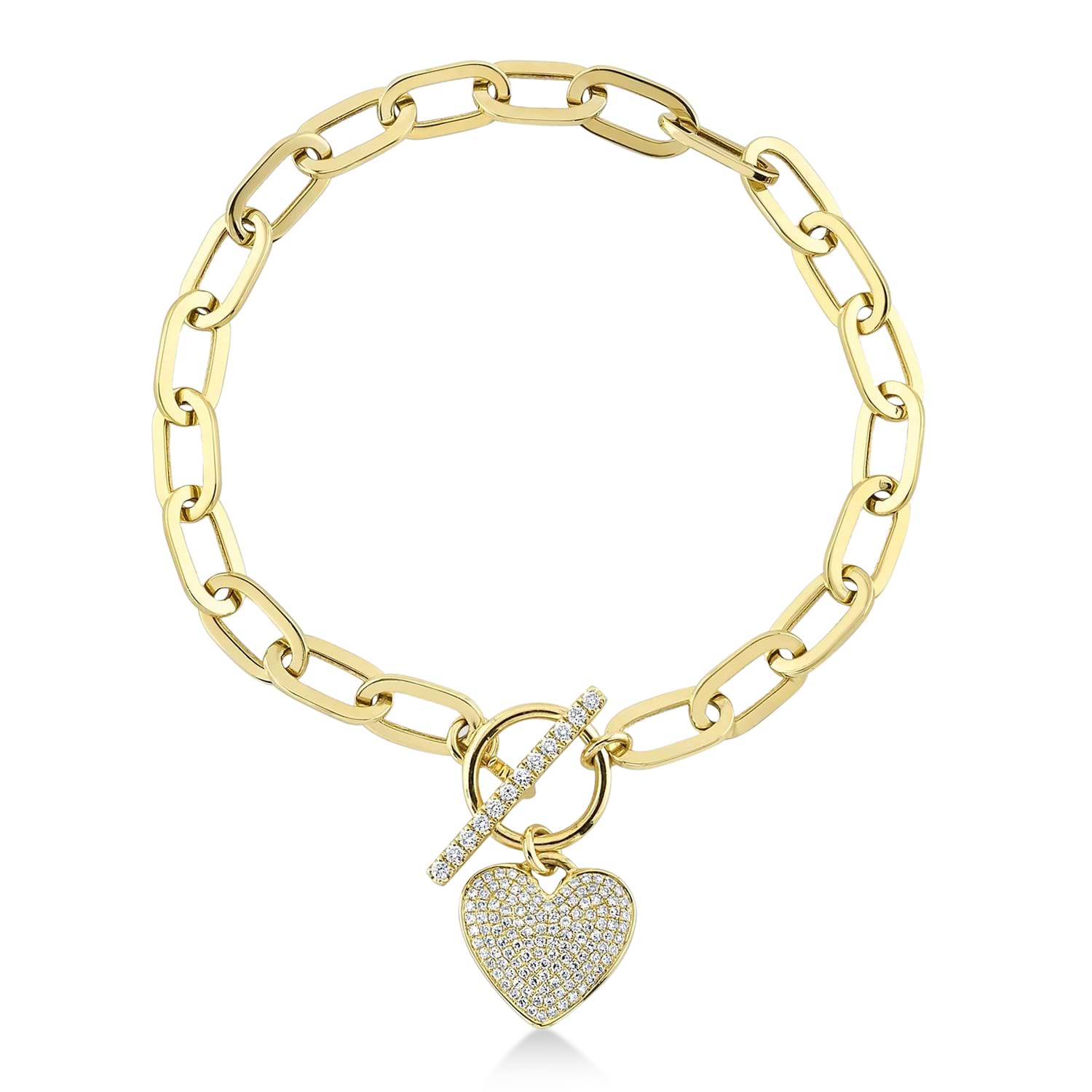 Diamond Pave Heart Paper Clip Link Bracelet 14K Yellow Gold (0.41ct)