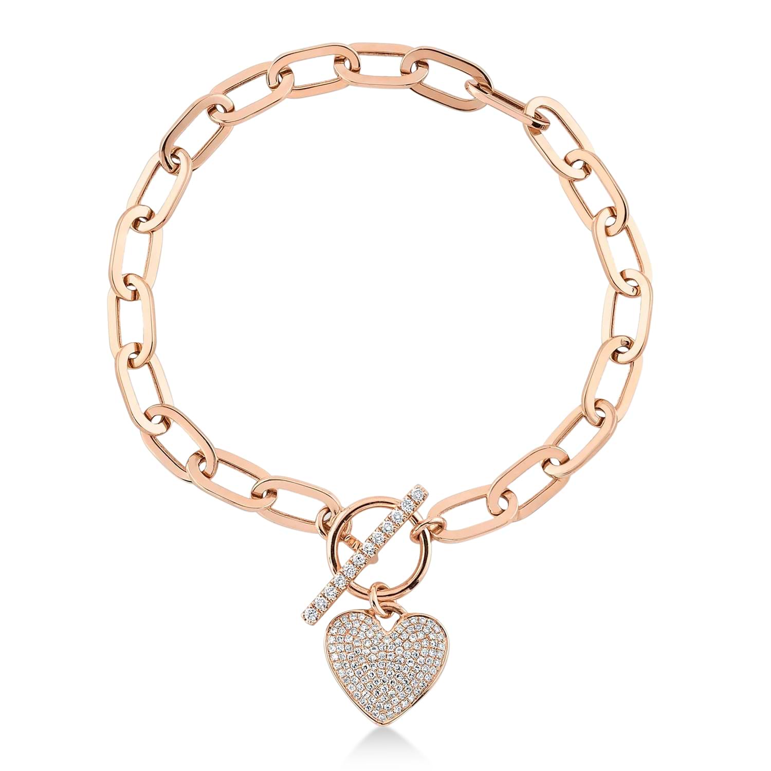 Diamond Pave Heart Paper Clip Link Bracelet 14K Rose Gold (0.41ct)