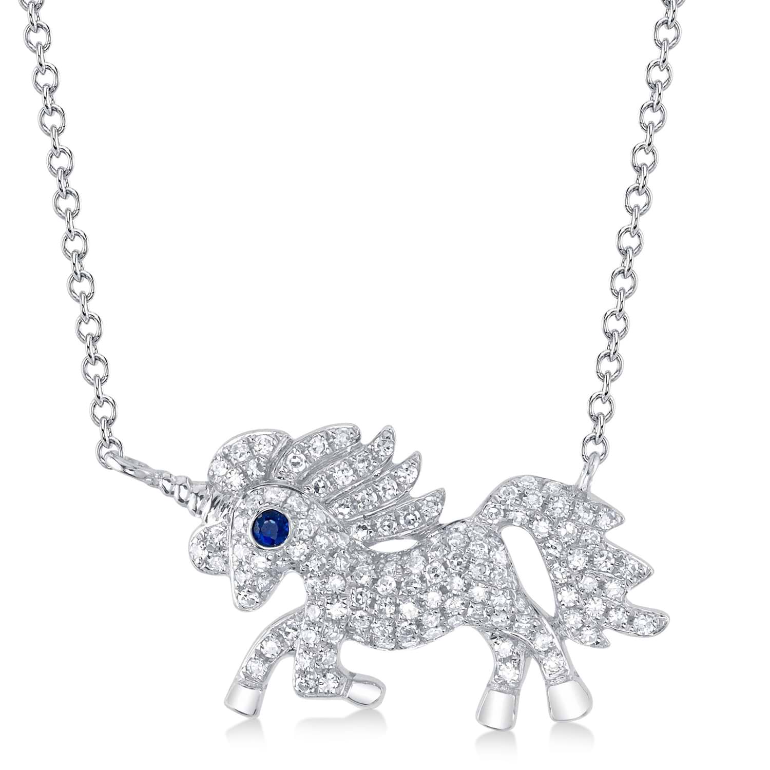 Diamond& Blue Sapphire Unicorn Pendant Necklace 14K White Gold (0.30ct)