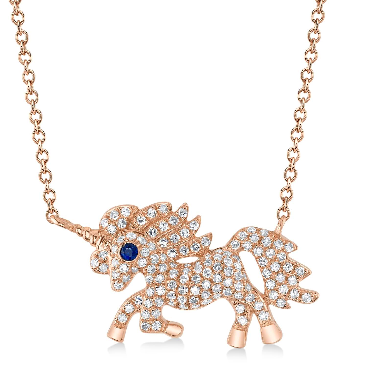 Diamond & Blue Sapphire Unicorn Pendant Necklace 14K Rose Gold (0.30ct)