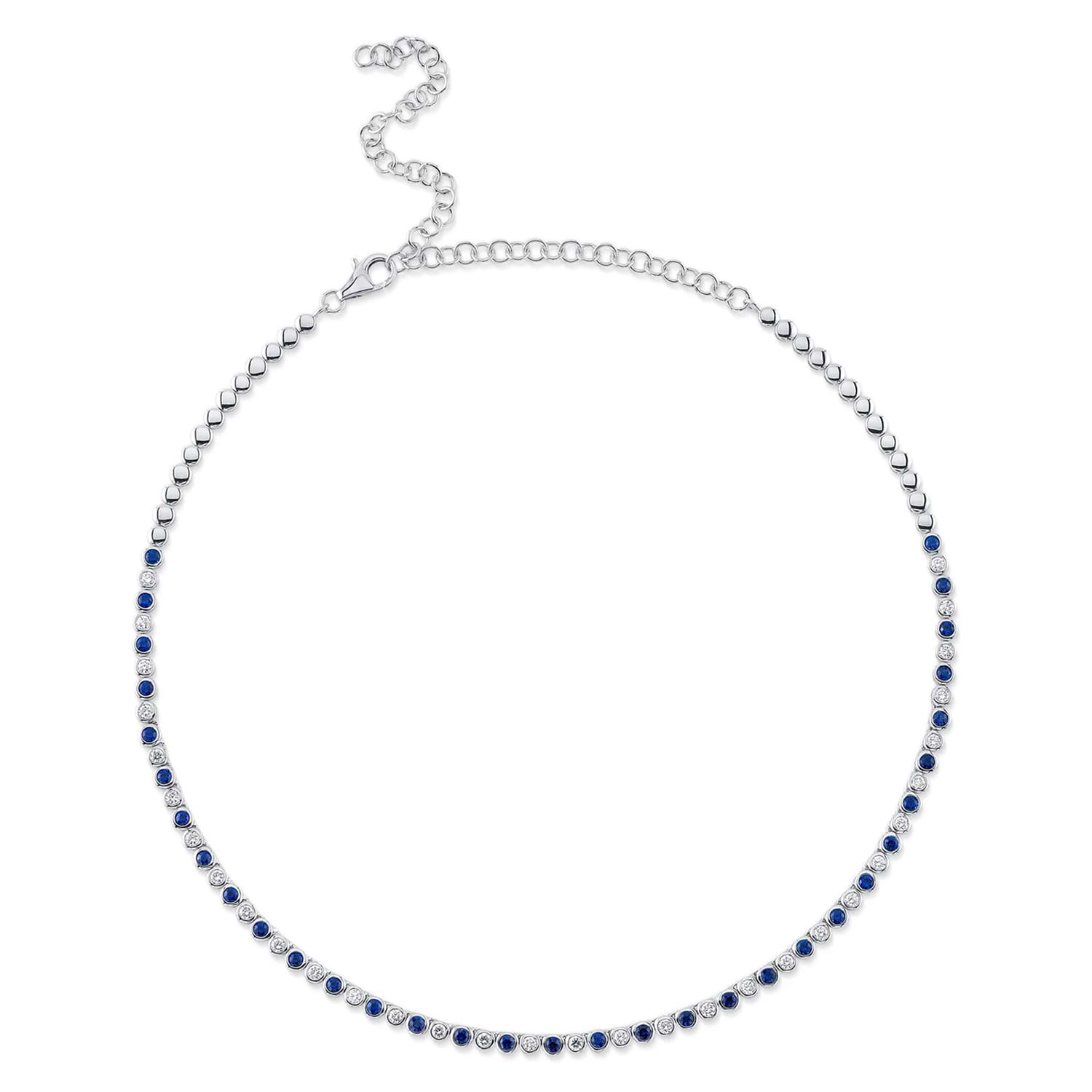 Lab Blue Sapphire & Lab Diamond Bezel Necklace 14K White Gold (3.35ct)