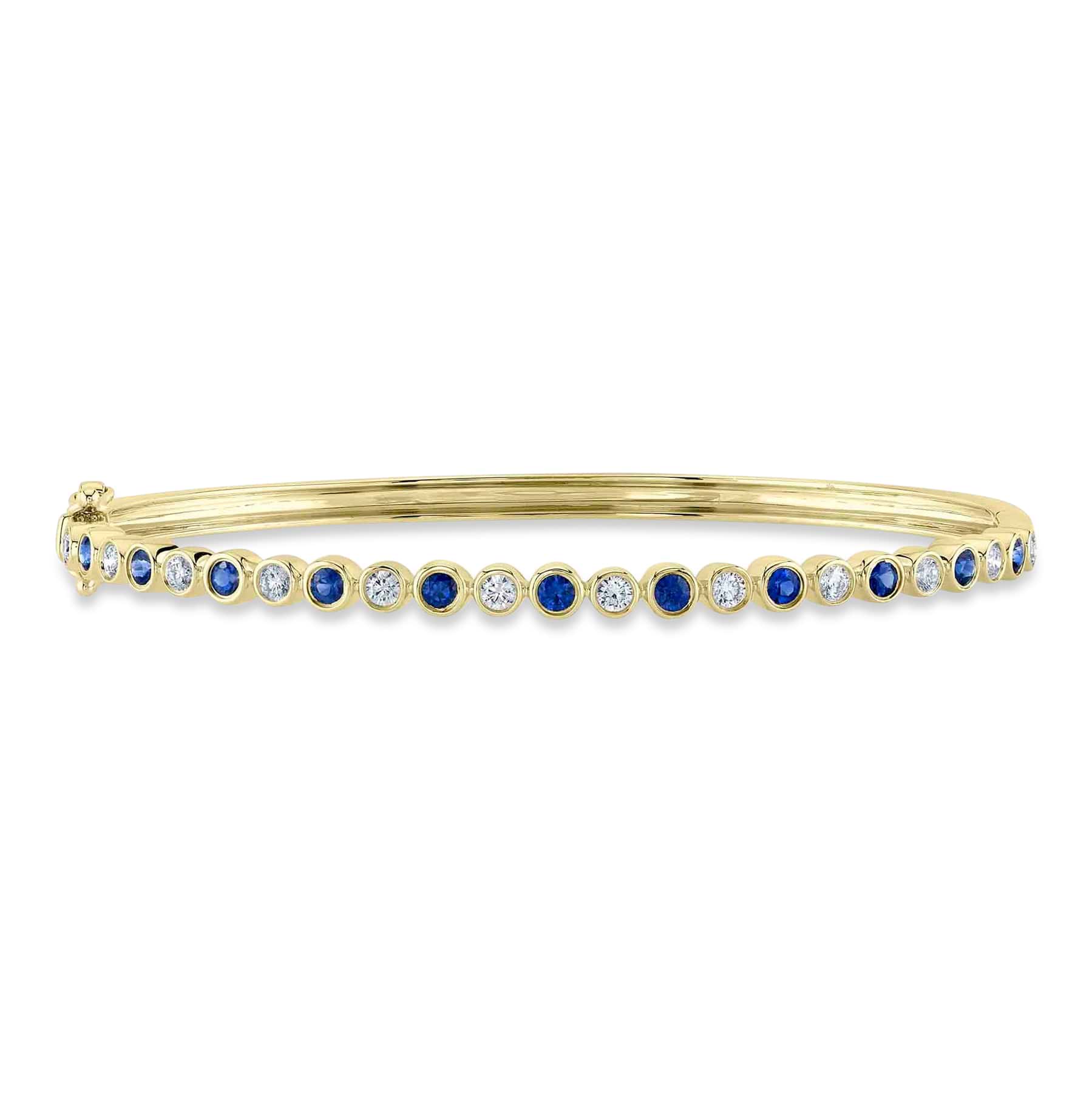 Alternating Diamond & Blue Sapphire Bezel Bangle Bracelet 14K Yellow Gold (1.22ct)