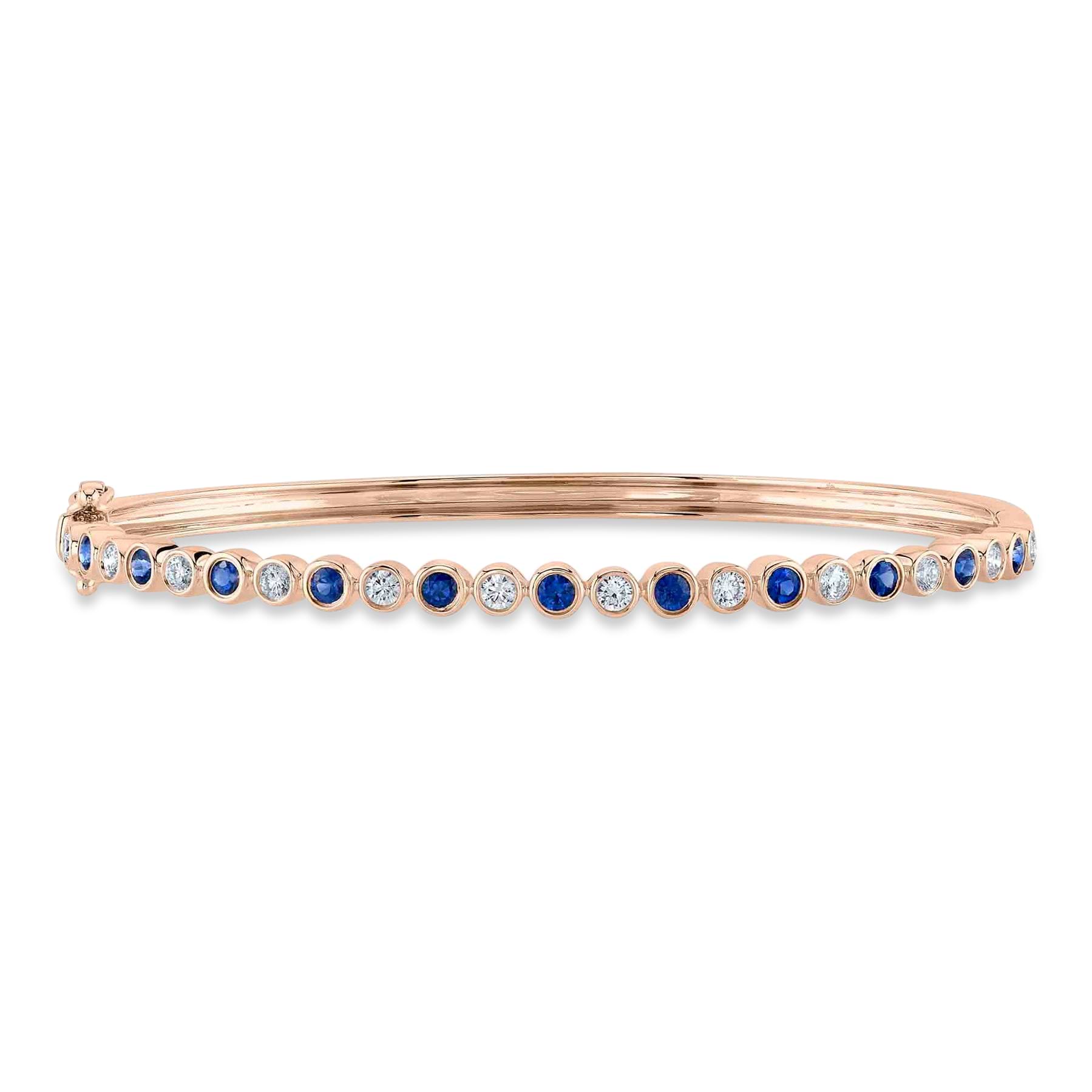 Alternating Diamond & Blue Sapphire Bezel Bangle Bracelet 14K Rose Gold (1.22ct)