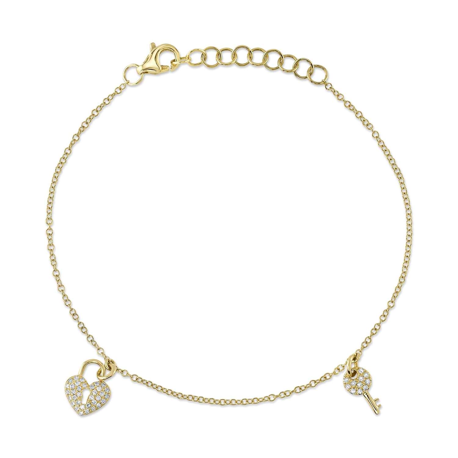 Diamond Pave Heart Lock & Key Bracelet 14K Yellow Gold (0.10ct)