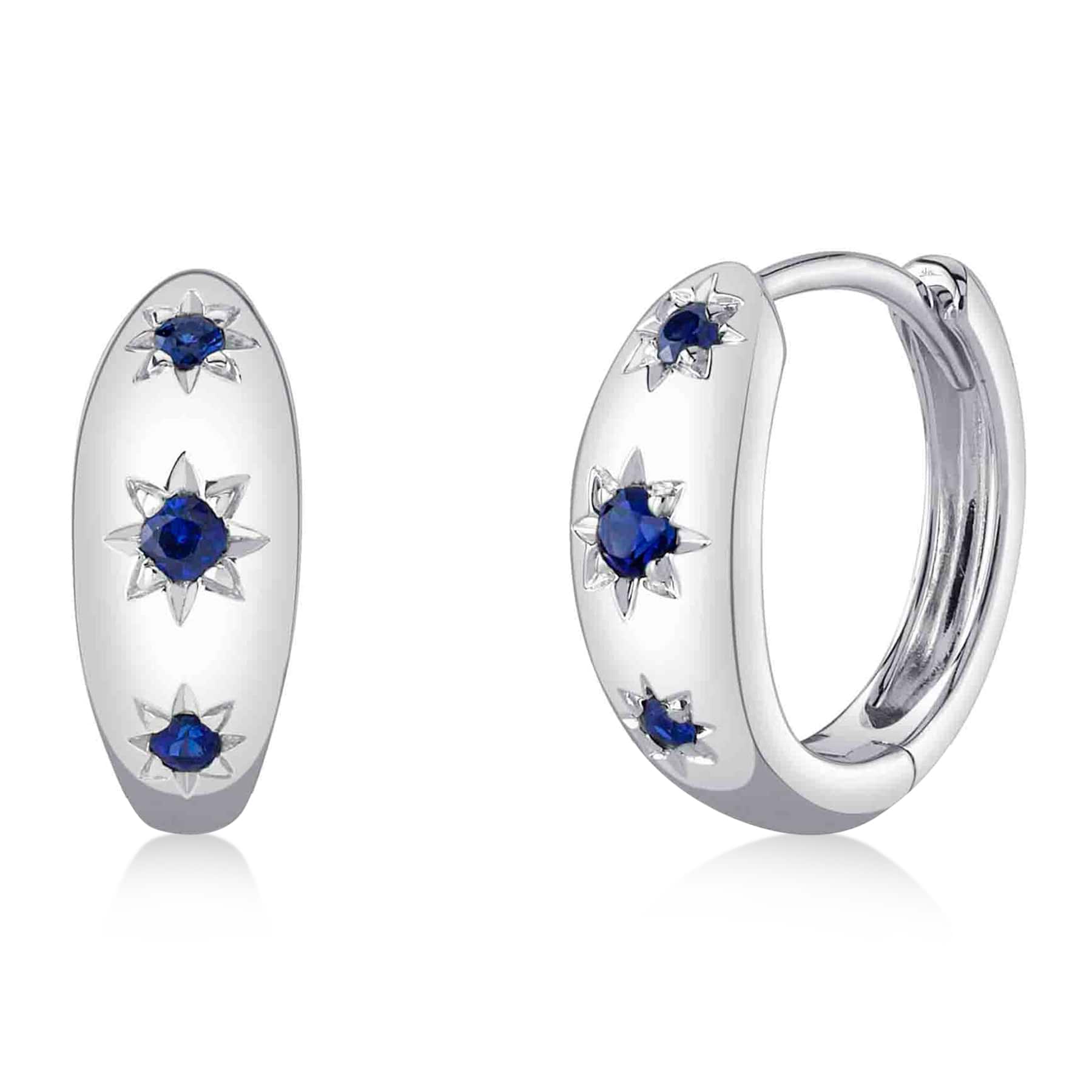 Blue Sapphire Star Huggie Earrings 14K White Gold (0.12ct)
