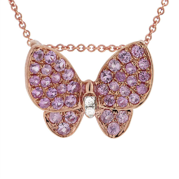 0.01ct Diamond & 0.38ct Pink Sapphire 18k Rose Gold Butterfly Pendant Necklace