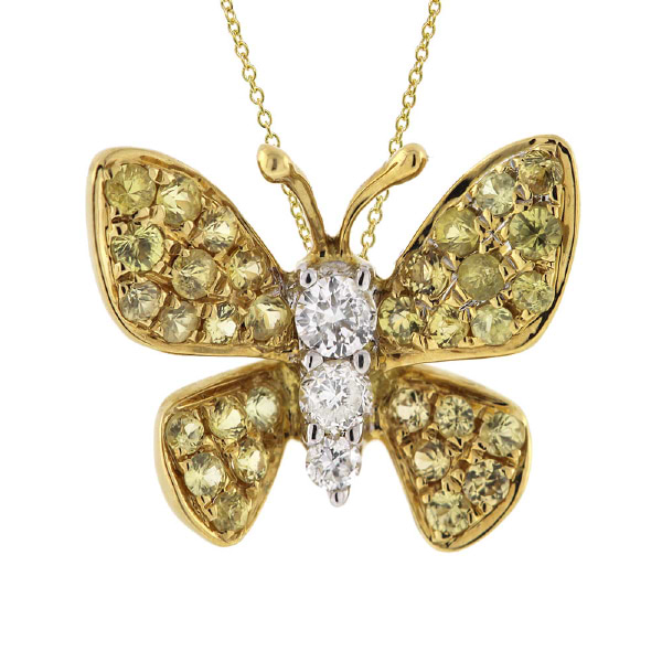 0.07ct Diamond & 0.24ct Yellow Sapphire 18k Yellow Gold Butterfly Pendant Necklace