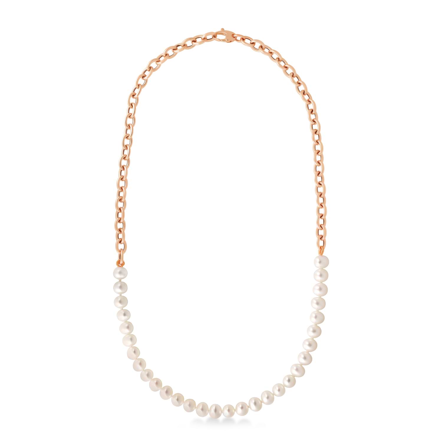 White Cultured Pearl String Rolo Link Necklace 14k Rose Gold